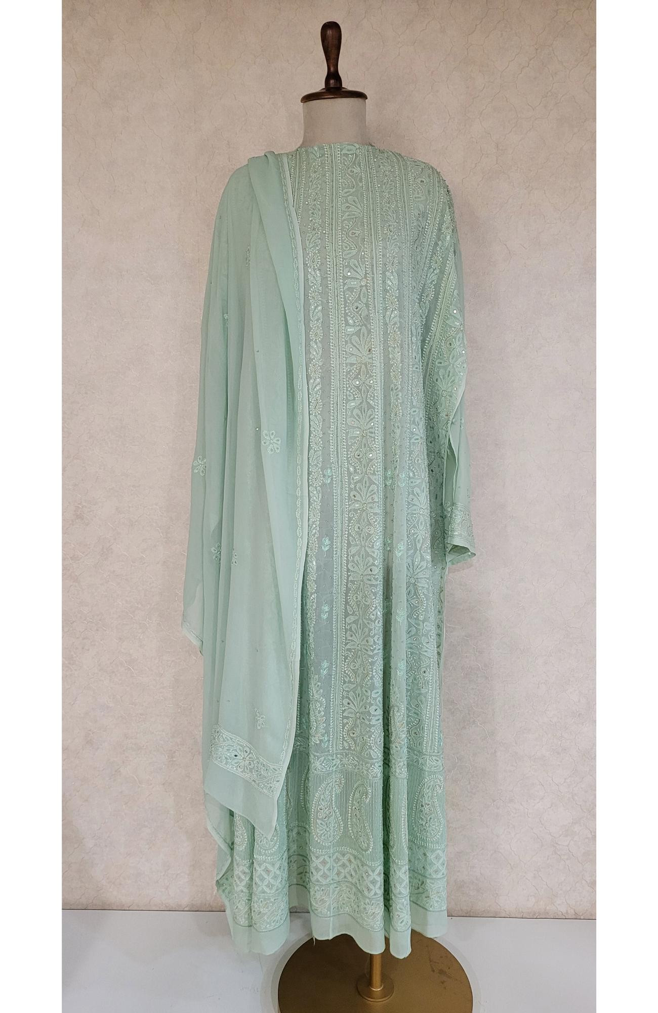 Green Pure Georgette Chikankari Anarkali Kurta & Dupatta