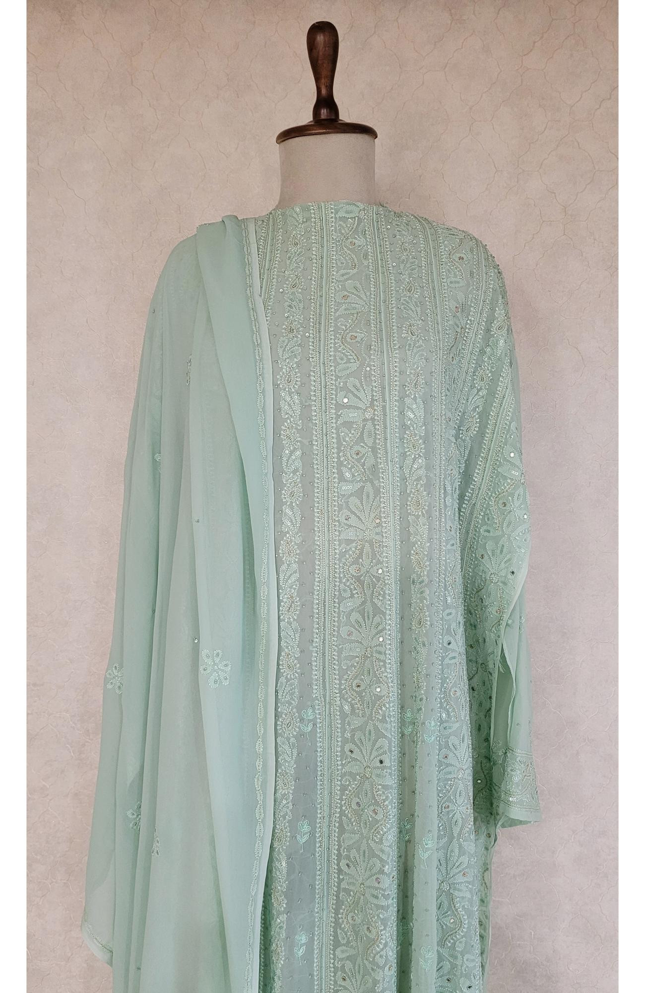 Green Pure Georgette Chikankari Anarkali Kurta & Dupatta