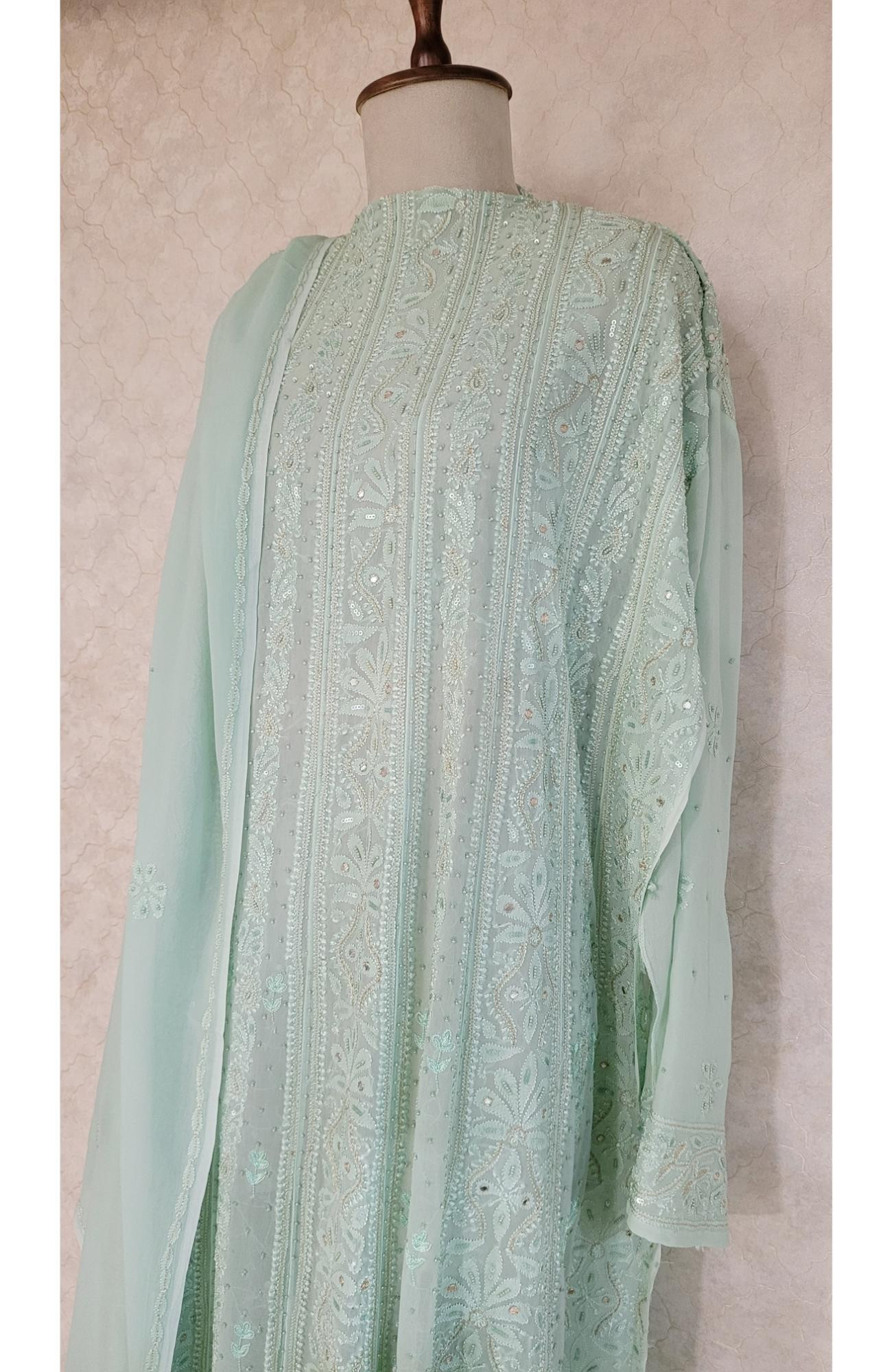 Green Pure Georgette Chikankari Anarkali Kurta & Dupatta