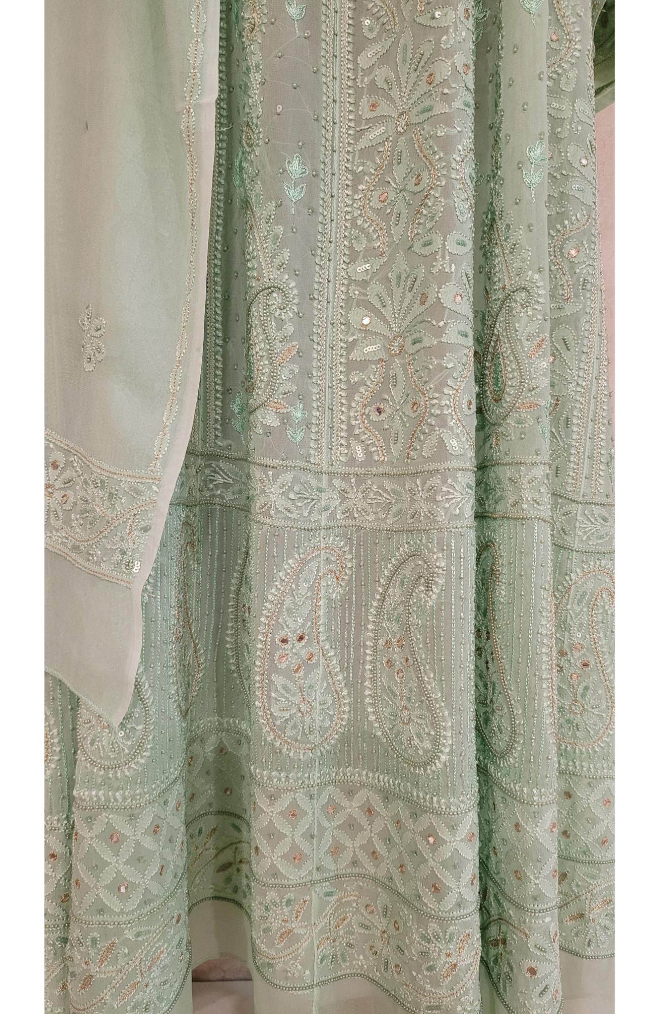 Green Pure Georgette Chikankari Anarkali Kurta & Dupatta