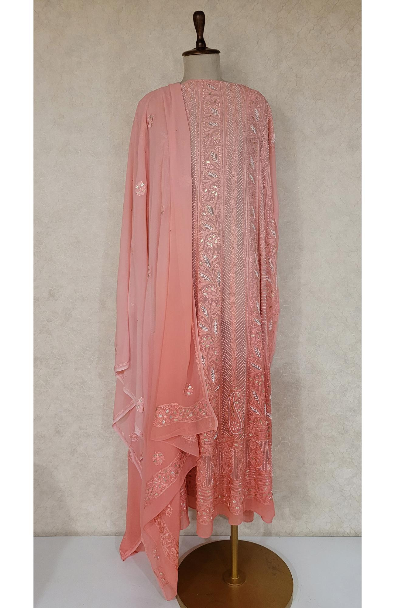 Carrot Pink Pure Georgette Chikankari Anarkali Kurta & Dupatta