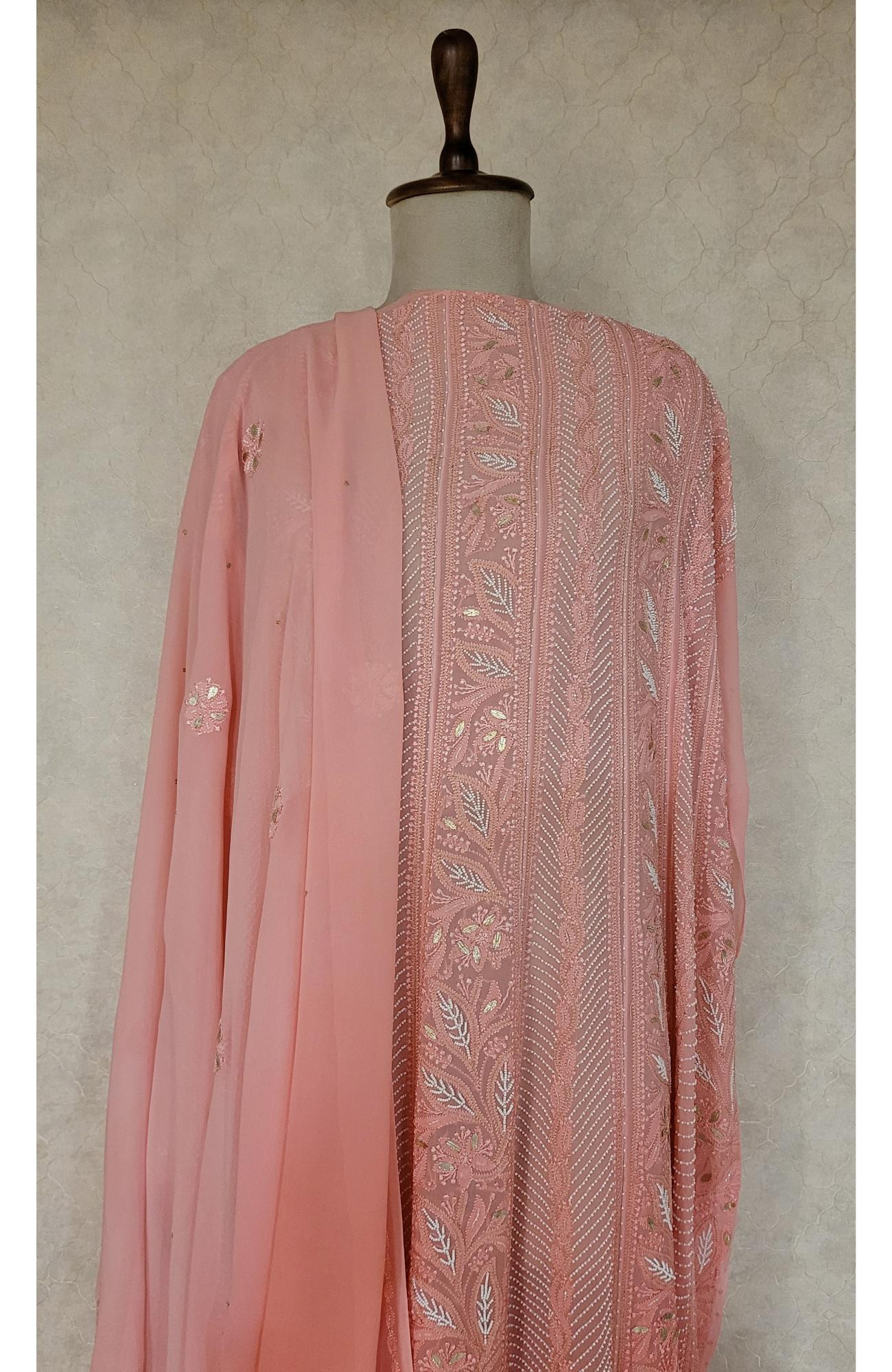 Carrot Pink Pure Georgette Chikankari Anarkali Kurta & Dupatta
