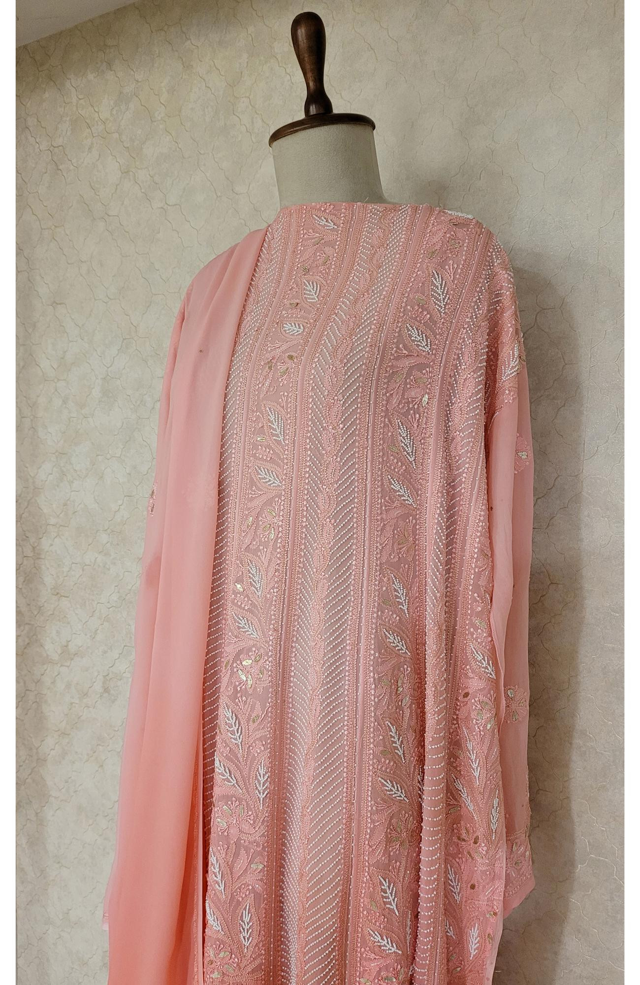 Carrot Pink Pure Georgette Chikankari Anarkali Kurta & Dupatta