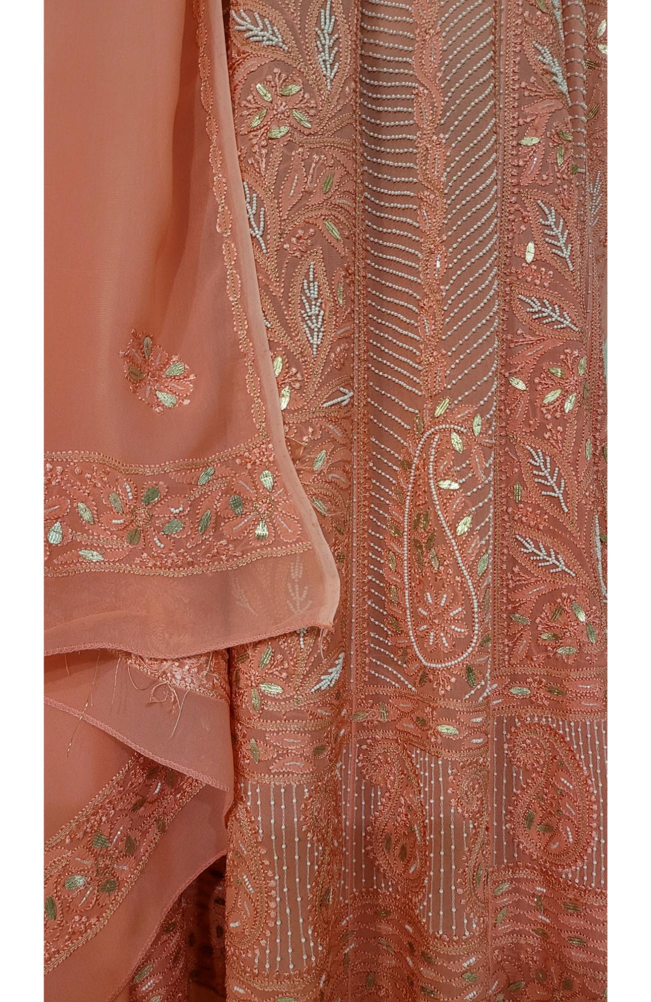 Carrot Pink Pure Georgette Chikankari Anarkali Kurta & Dupatta