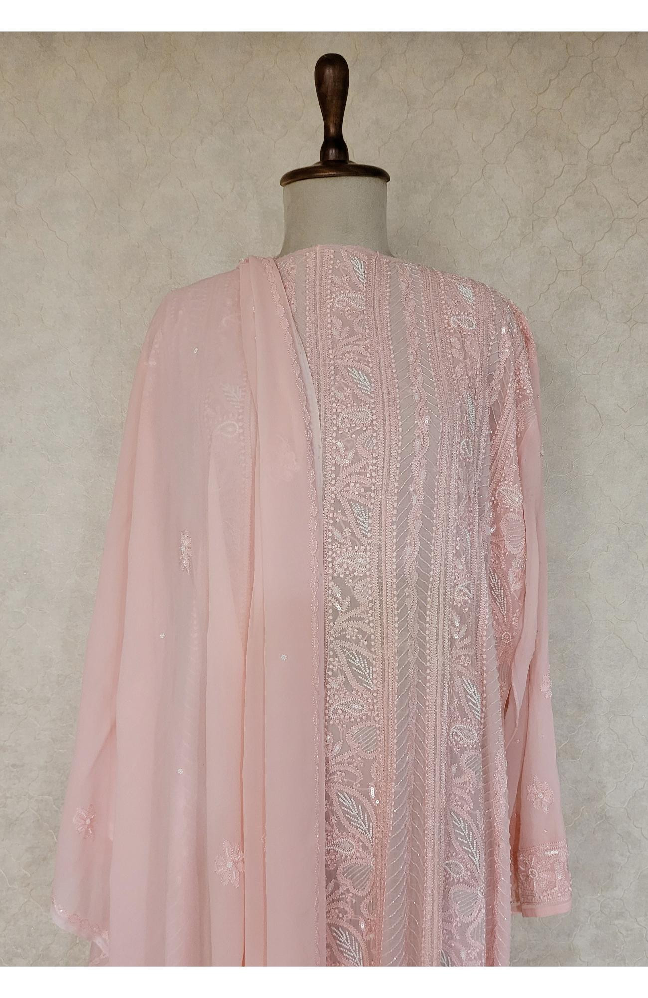 Pink Pure Georgette Chikankari Anarkali Kurta & Dupatta