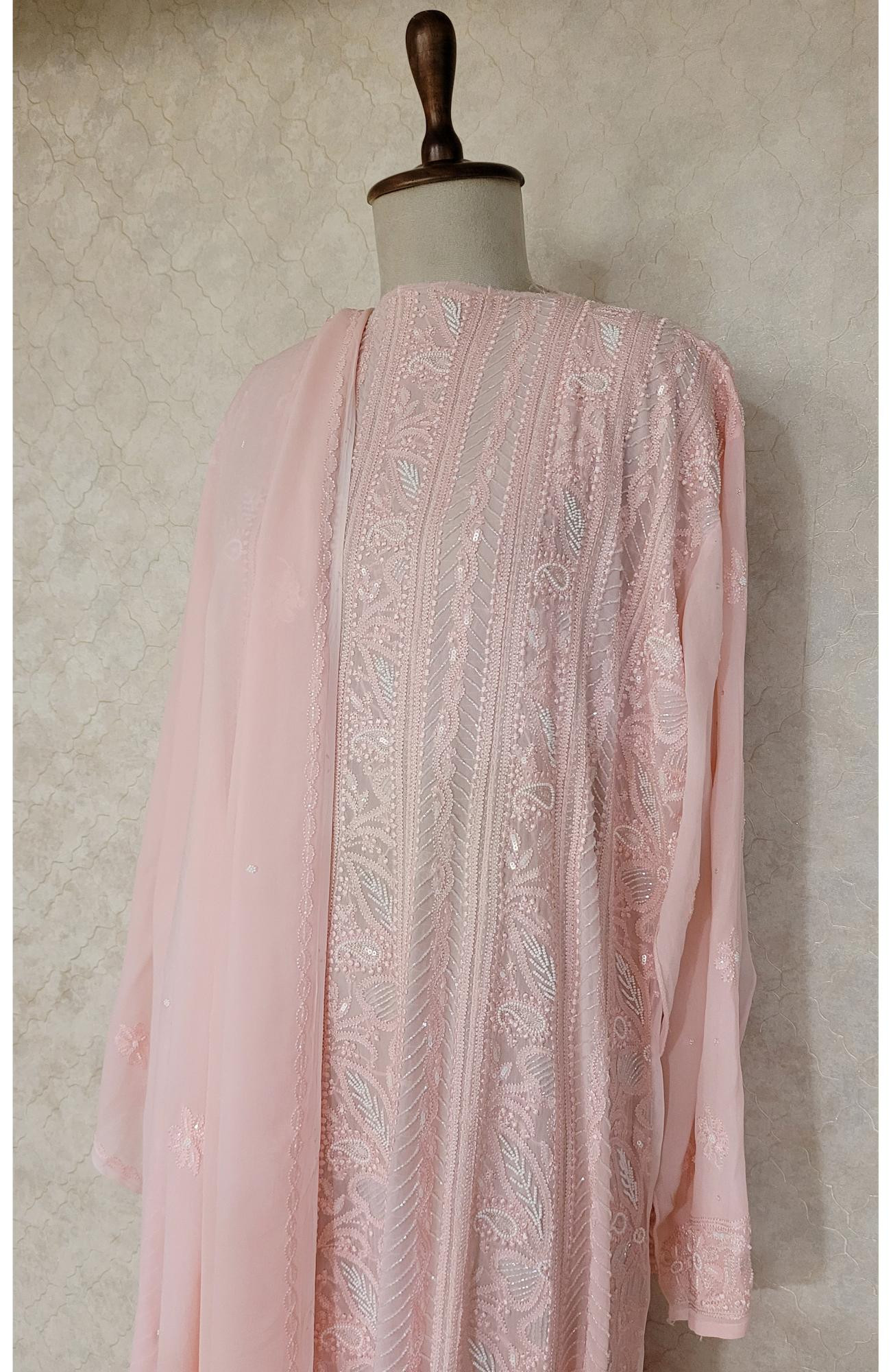 Pink Pure Georgette Chikankari Anarkali Kurta & Dupatta
