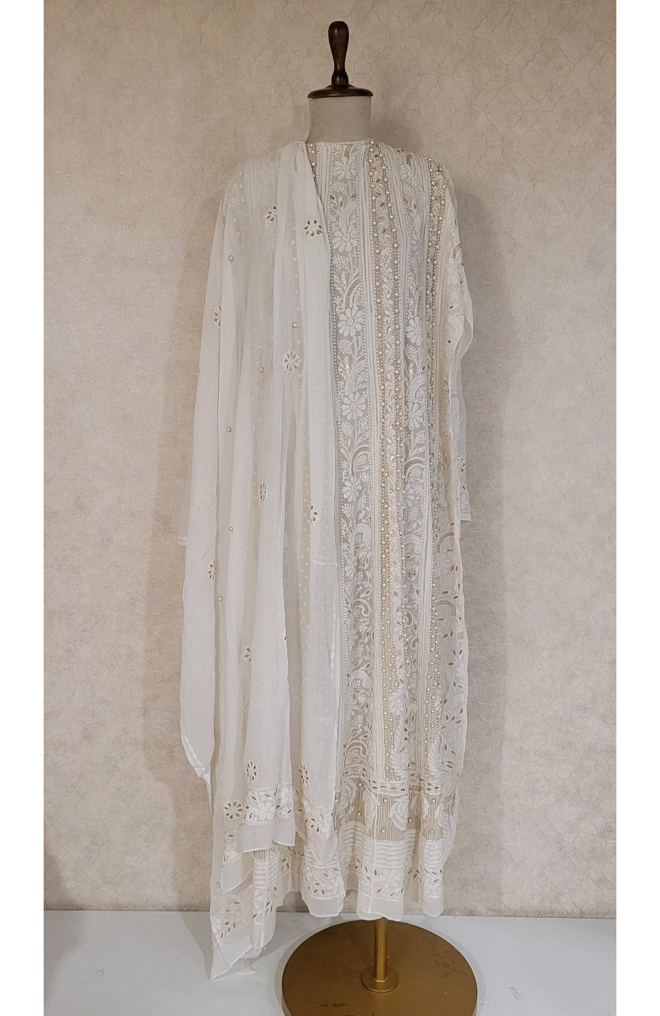 White Pure Georgette Chikankari Anarkali Kurta & Dupatta