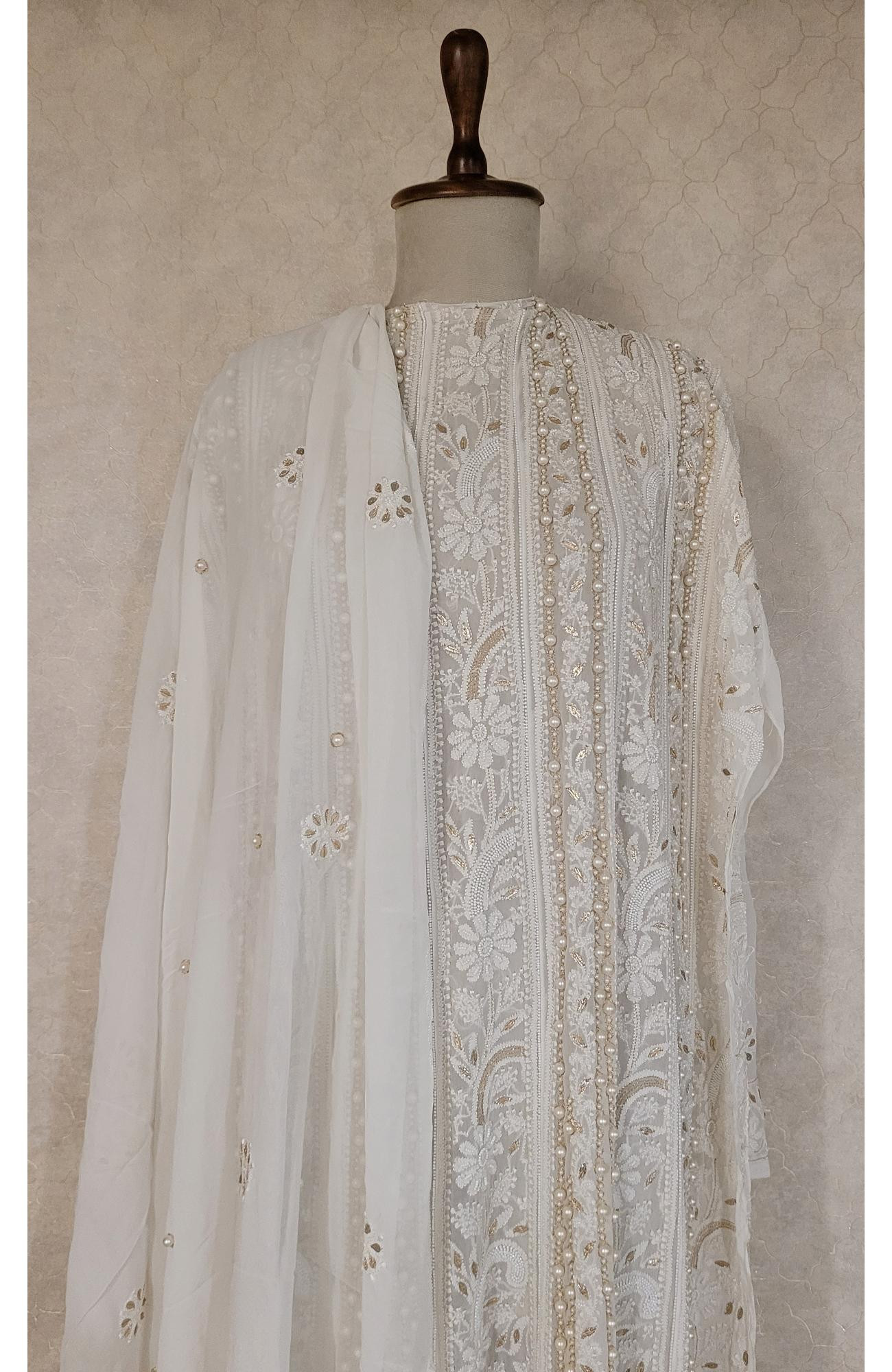 White Pure Georgette Chikankari Anarkali Kurta & Dupatta