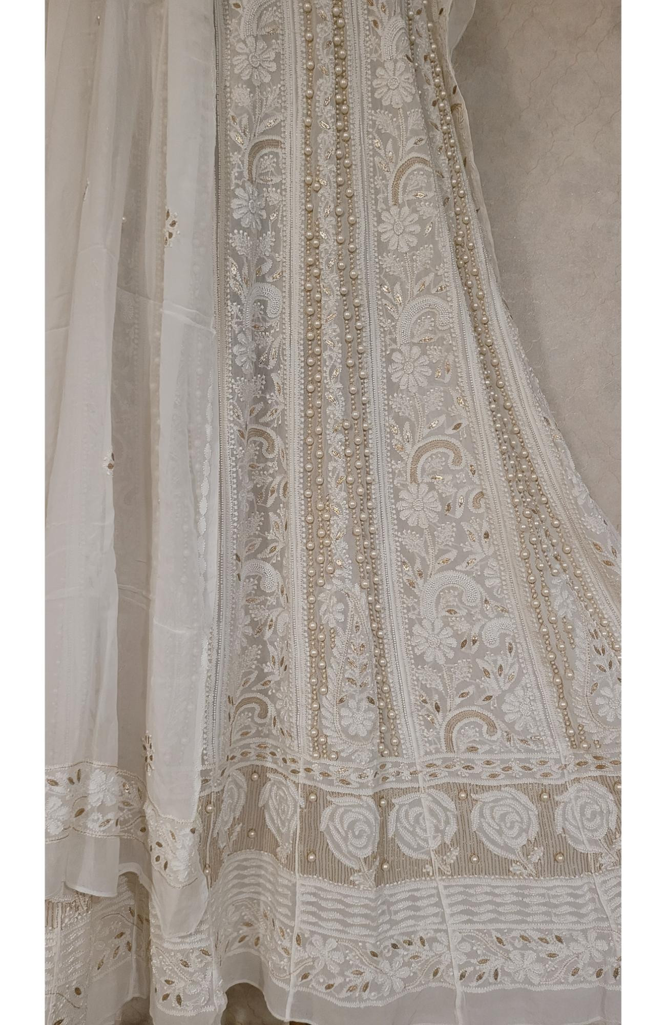 White Pure Georgette Chikankari Anarkali Kurta & Dupatta