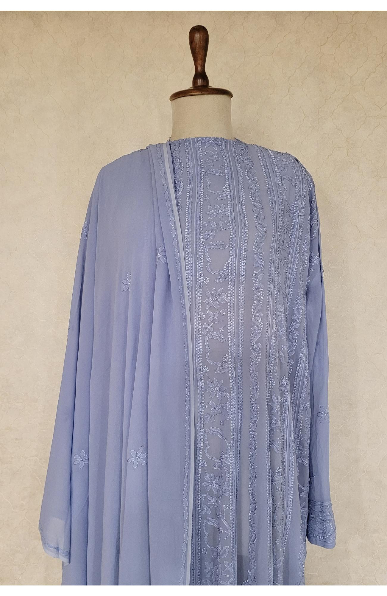 Dusty Blue Pure Georgette Chikankari Anarkali Kurta & Dupatta