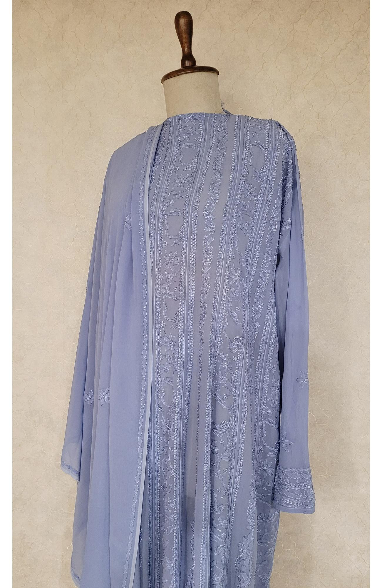 Dusty Blue Pure Georgette Chikankari Anarkali Kurta & Dupatta