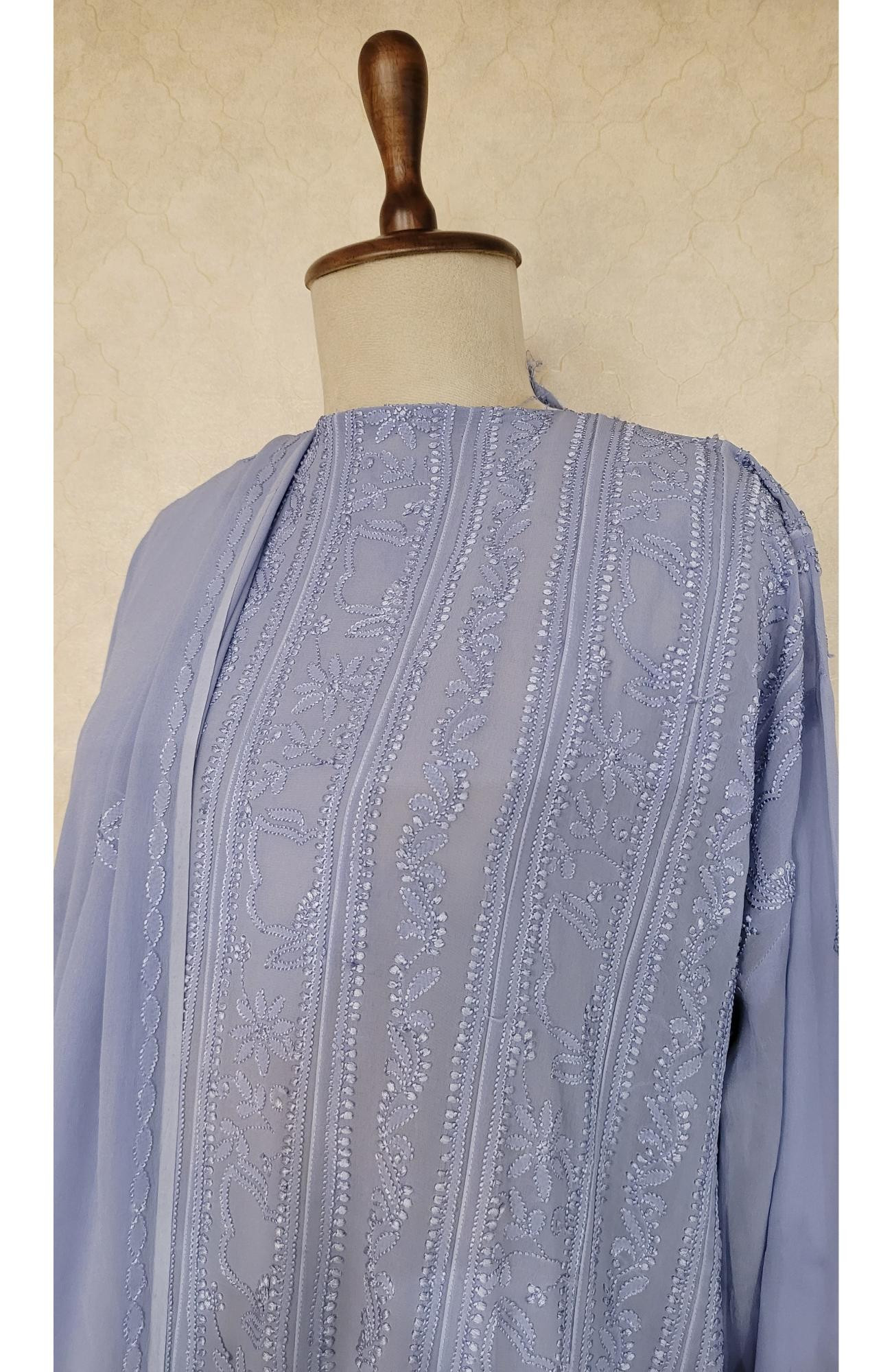 Dusty Blue Pure Georgette Chikankari Anarkali Kurta & Dupatta