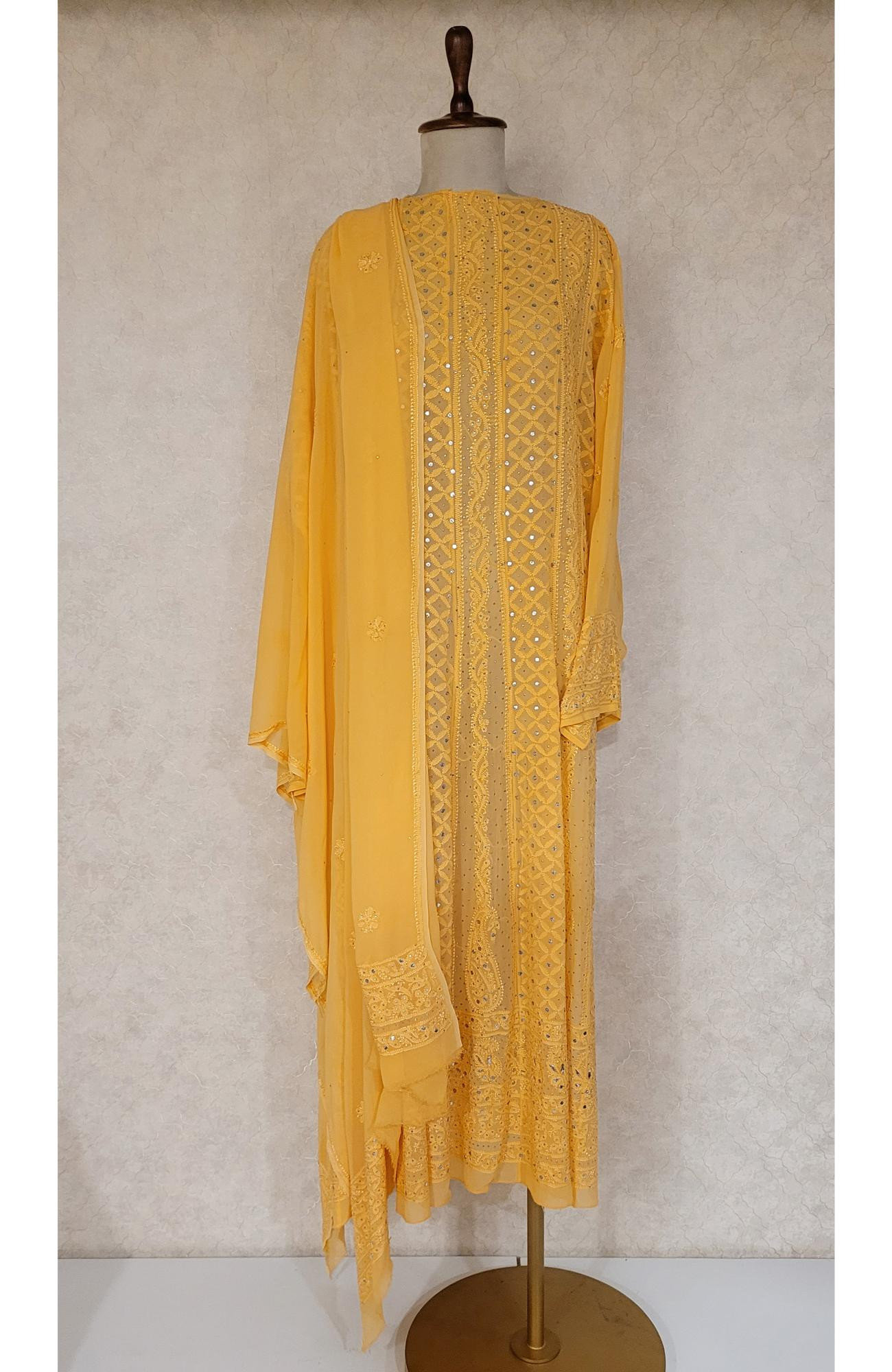 Yellow Pure Georgette Chikankari Anarkali Kurta & Dupatta