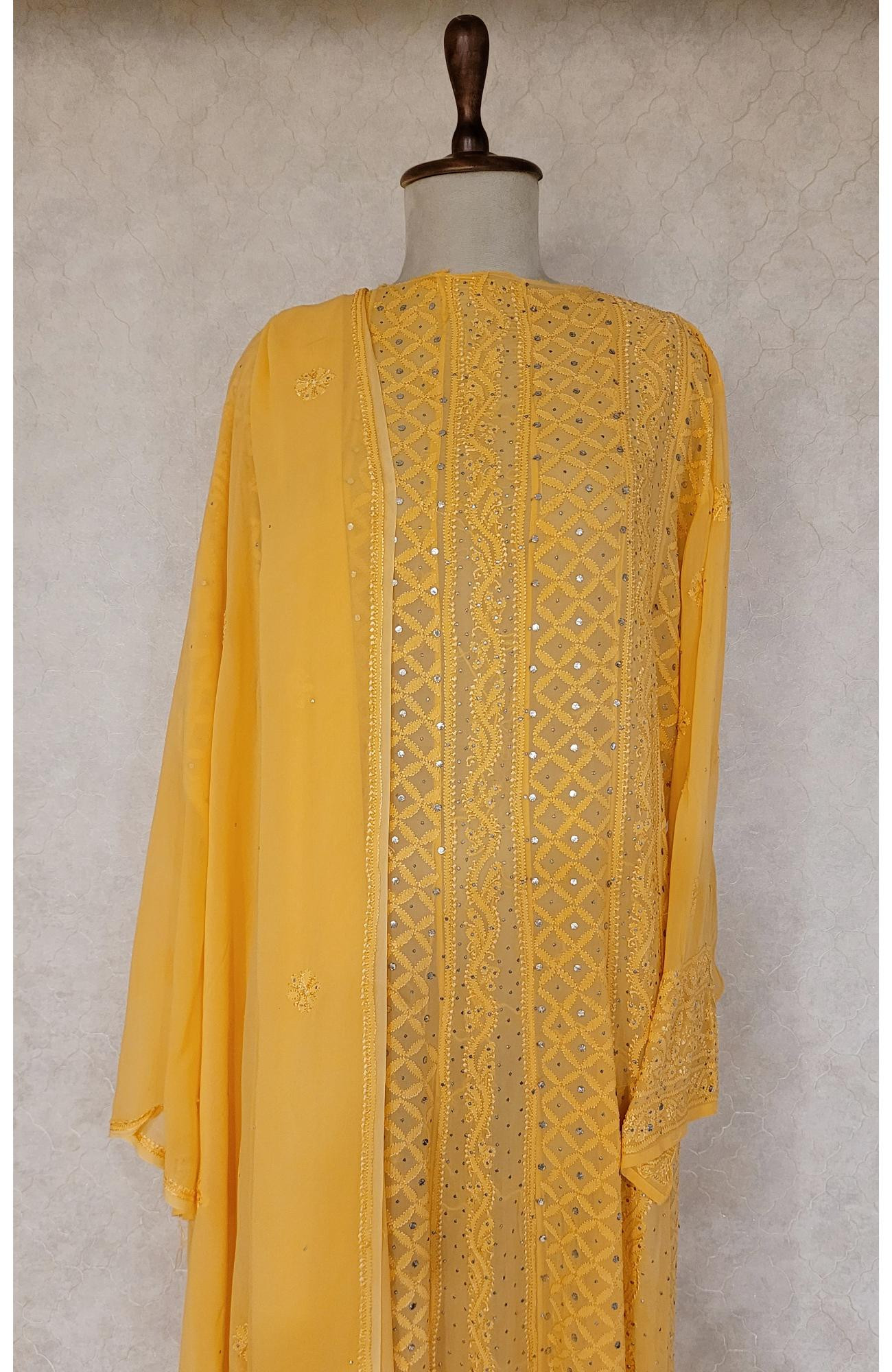 Yellow Pure Georgette Chikankari Anarkali Kurta & Dupatta