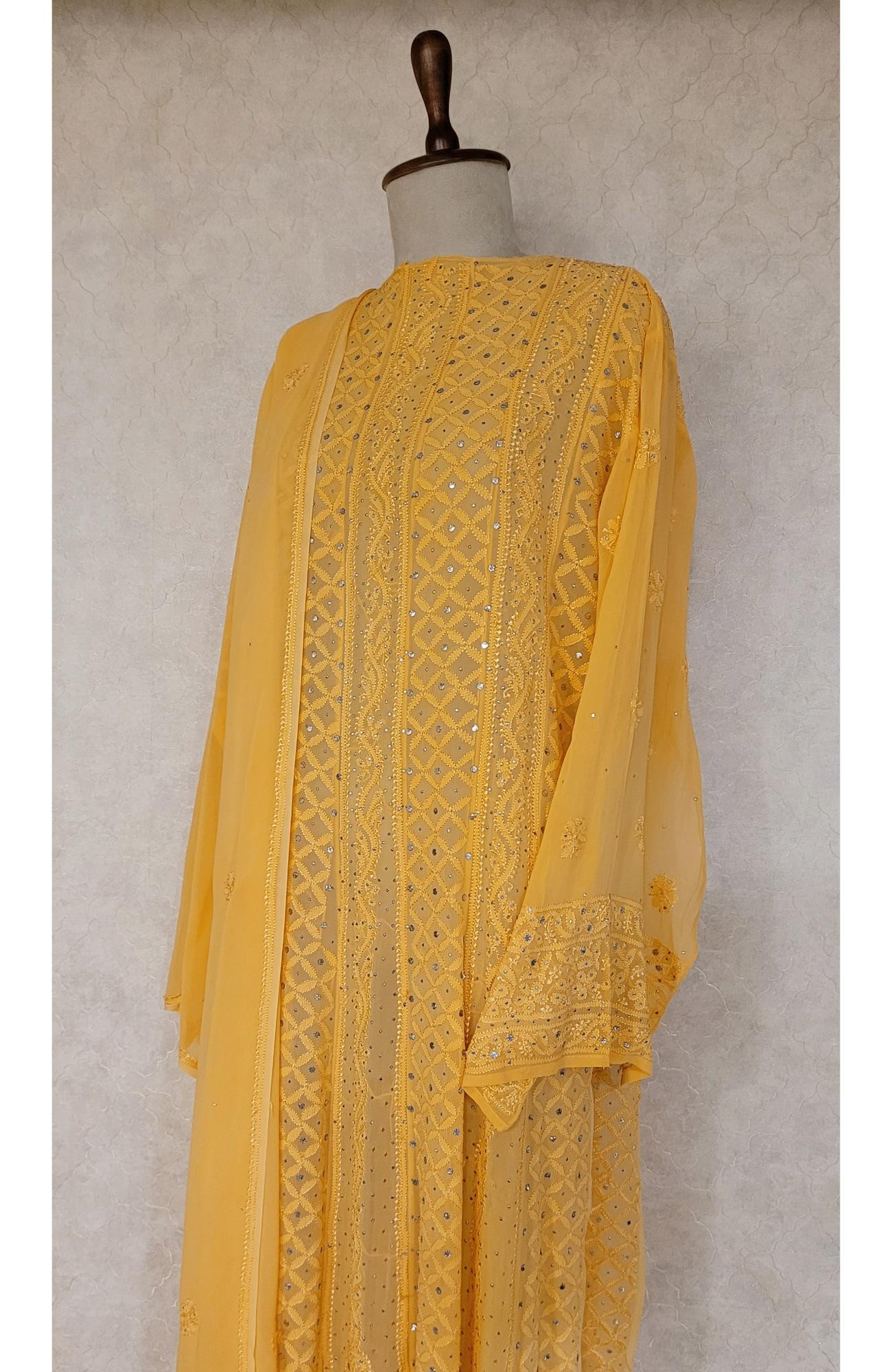 Yellow Pure Georgette Chikankari Anarkali Kurta & Dupatta