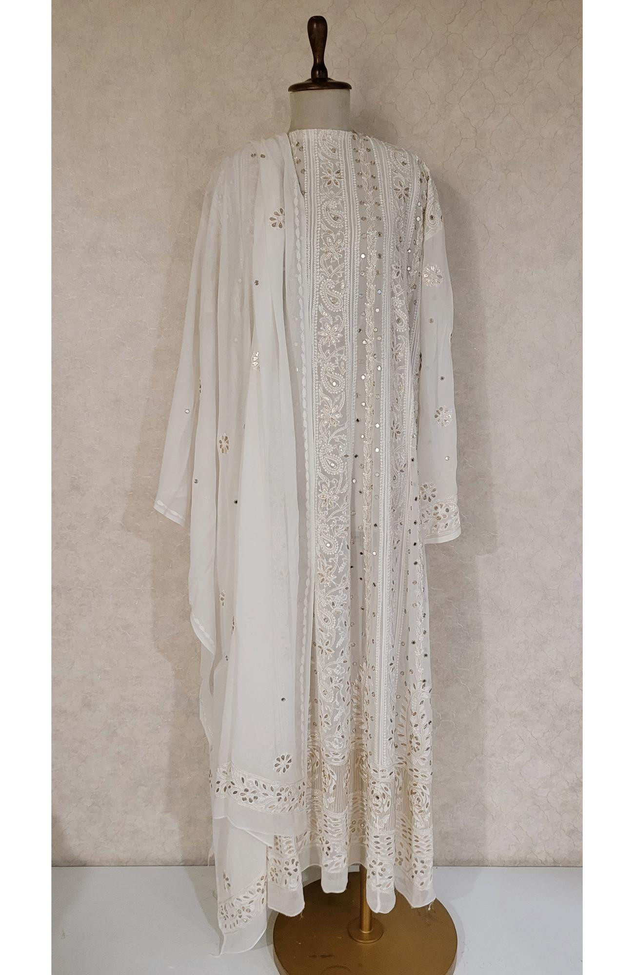 White Pure Georgette Chikankari Anarkali Kurta & Dupatta