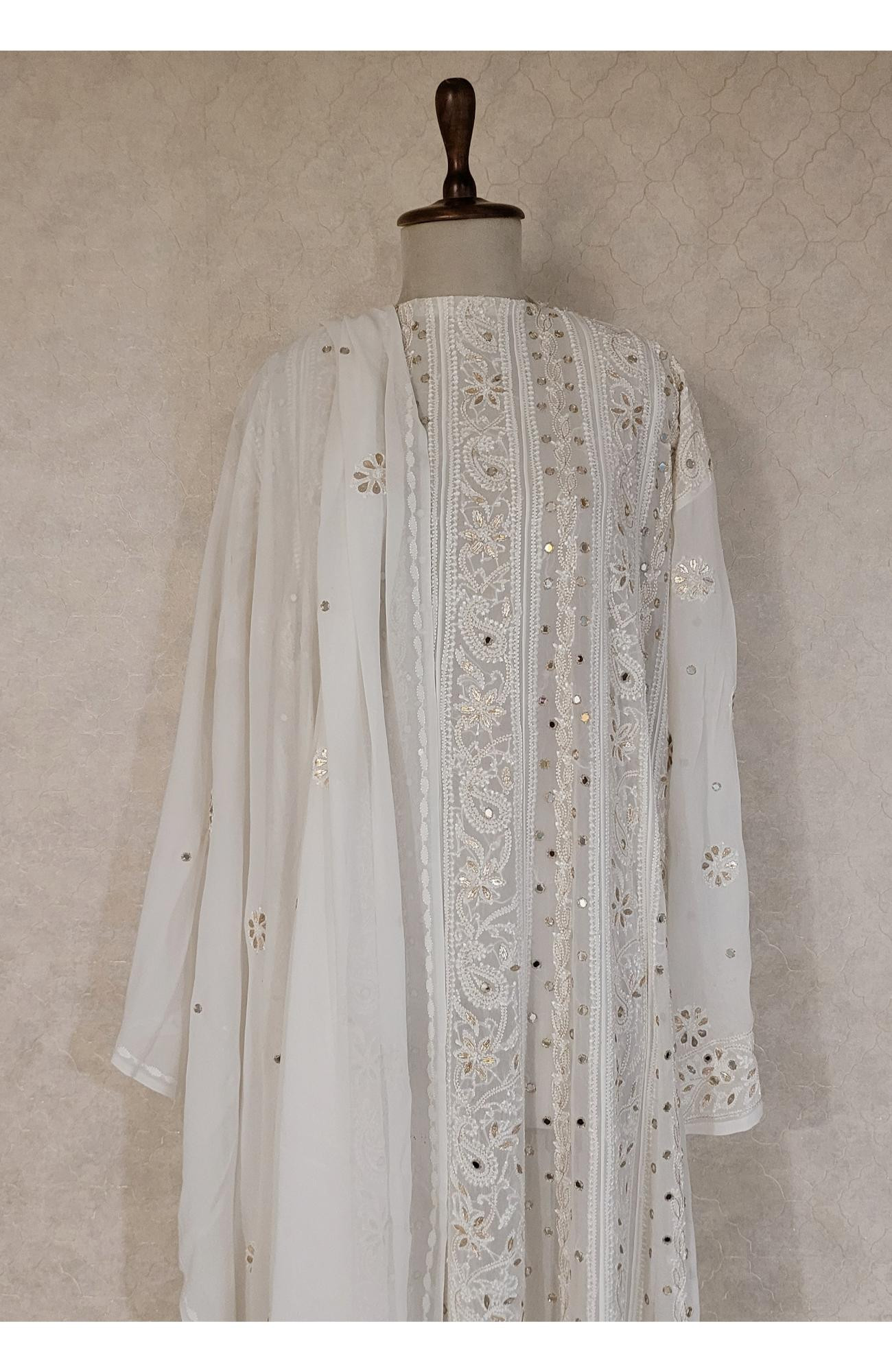 White Pure Georgette Chikankari Anarkali Kurta & Dupatta