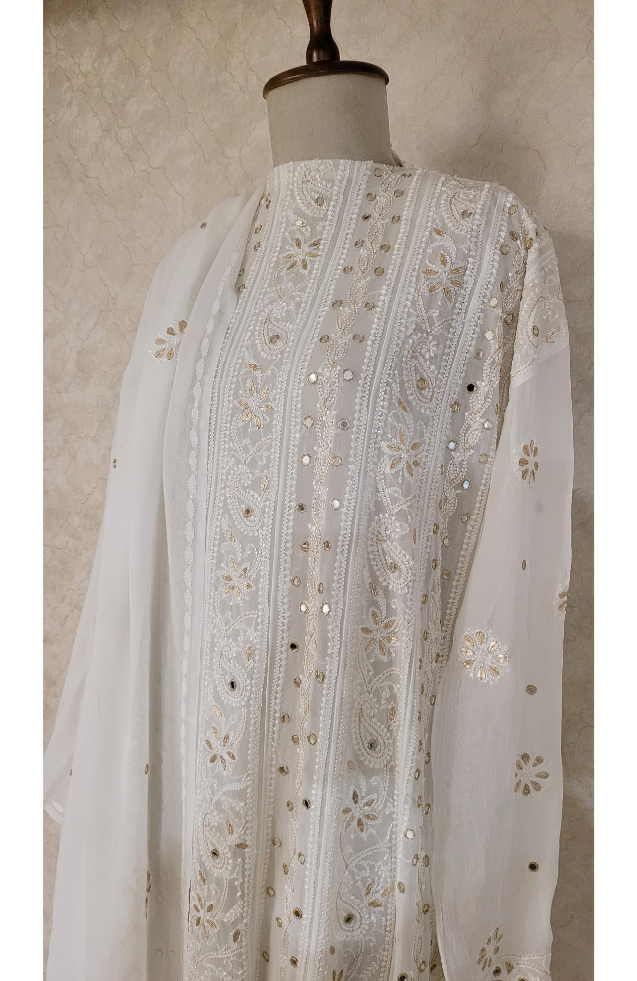 White Pure Georgette Chikankari Anarkali Kurta & Dupatta