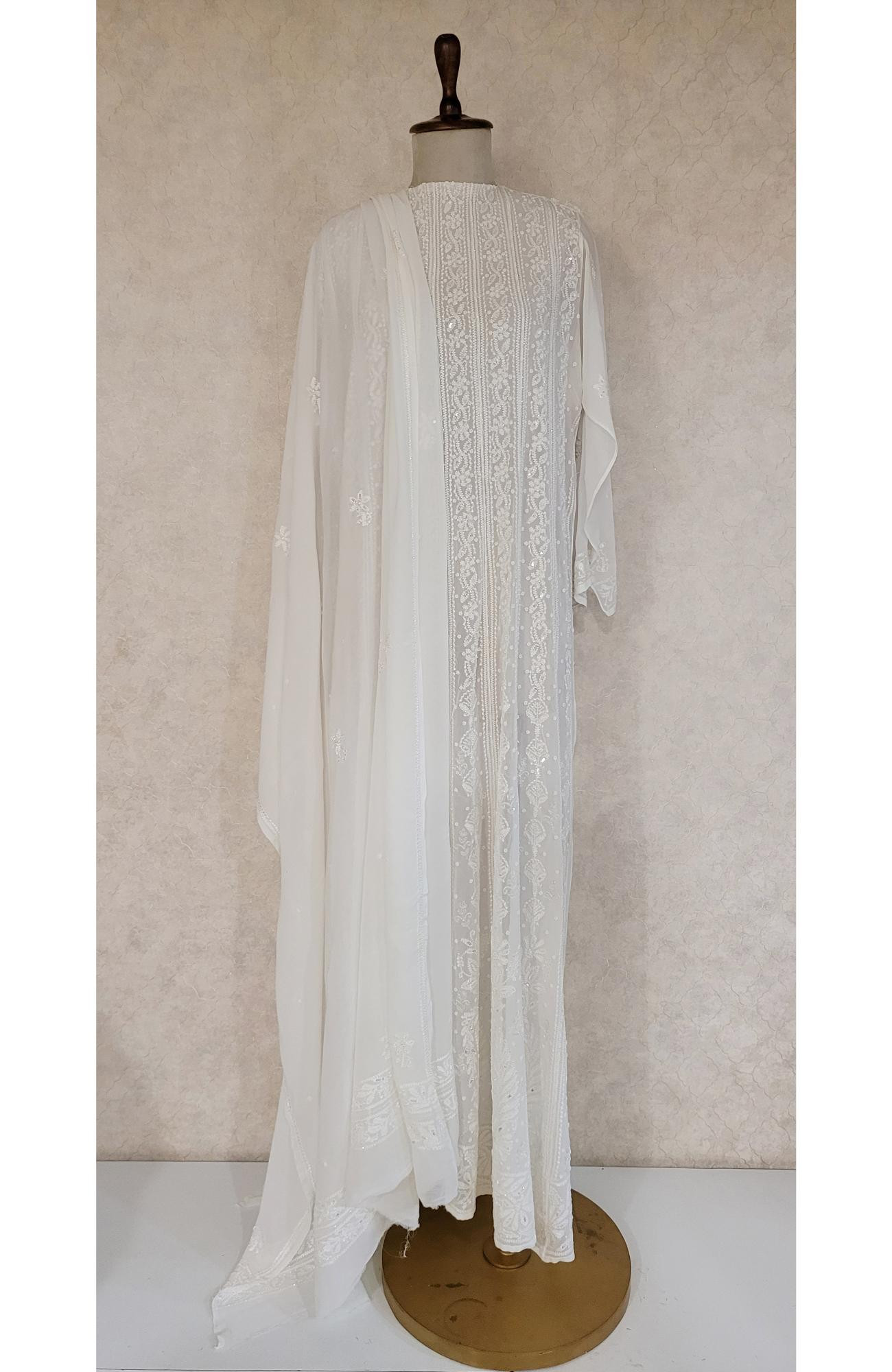 White Pure Georgette Chikankari Anarkali Kurta & Dupatta