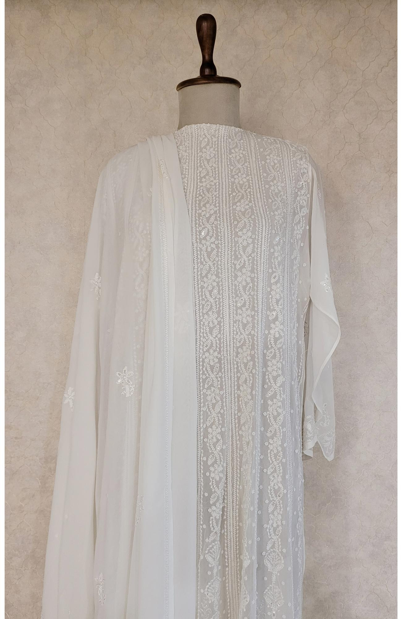 White Pure Georgette Chikankari Anarkali Kurta & Dupatta