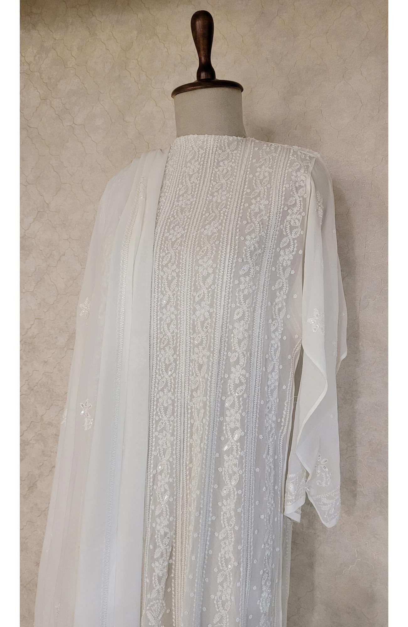 White Pure Georgette Chikankari Anarkali Kurta & Dupatta