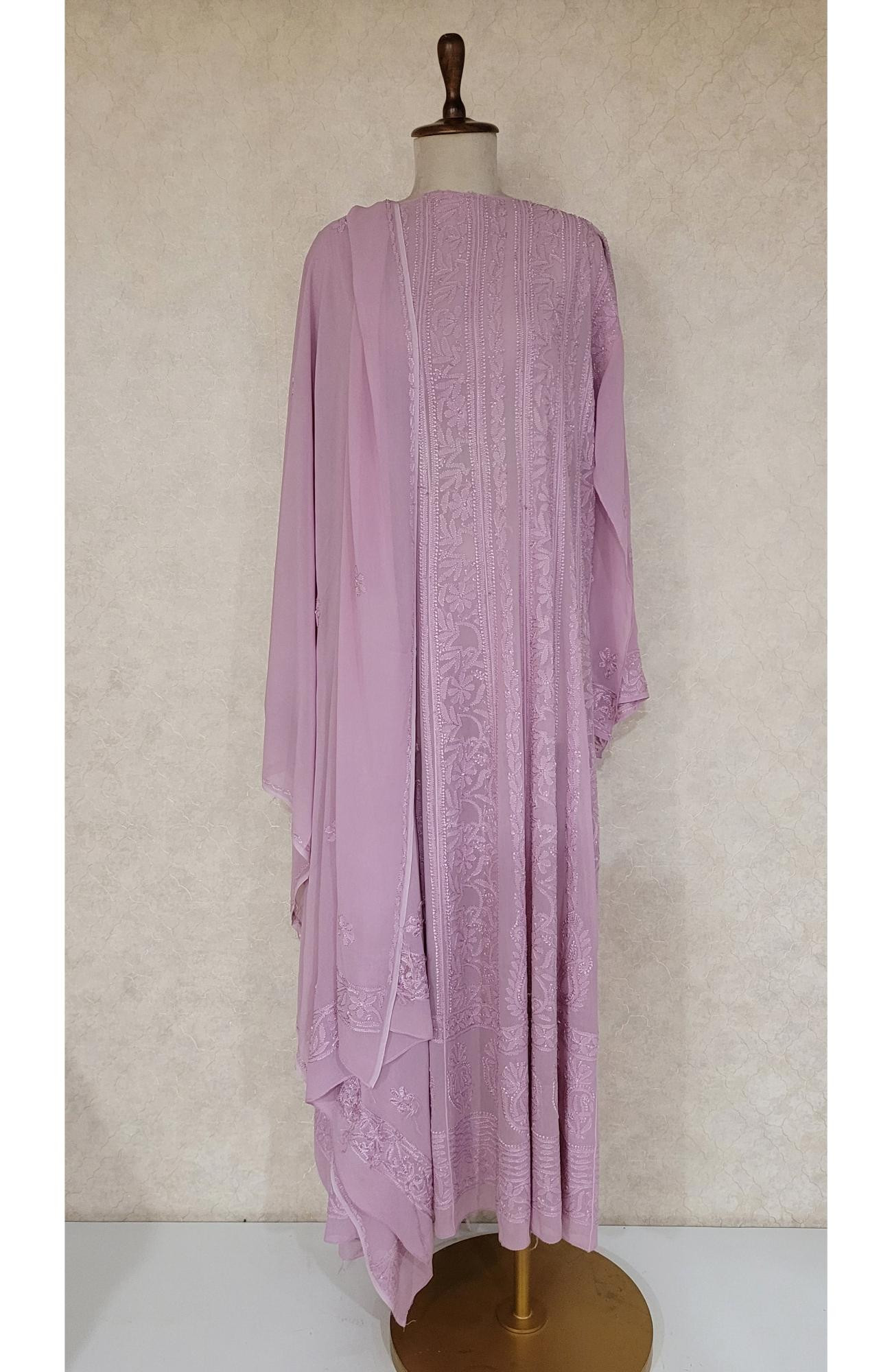 Mauve Pure Georgette Chikankari Anarkali Kurta & Dupatta