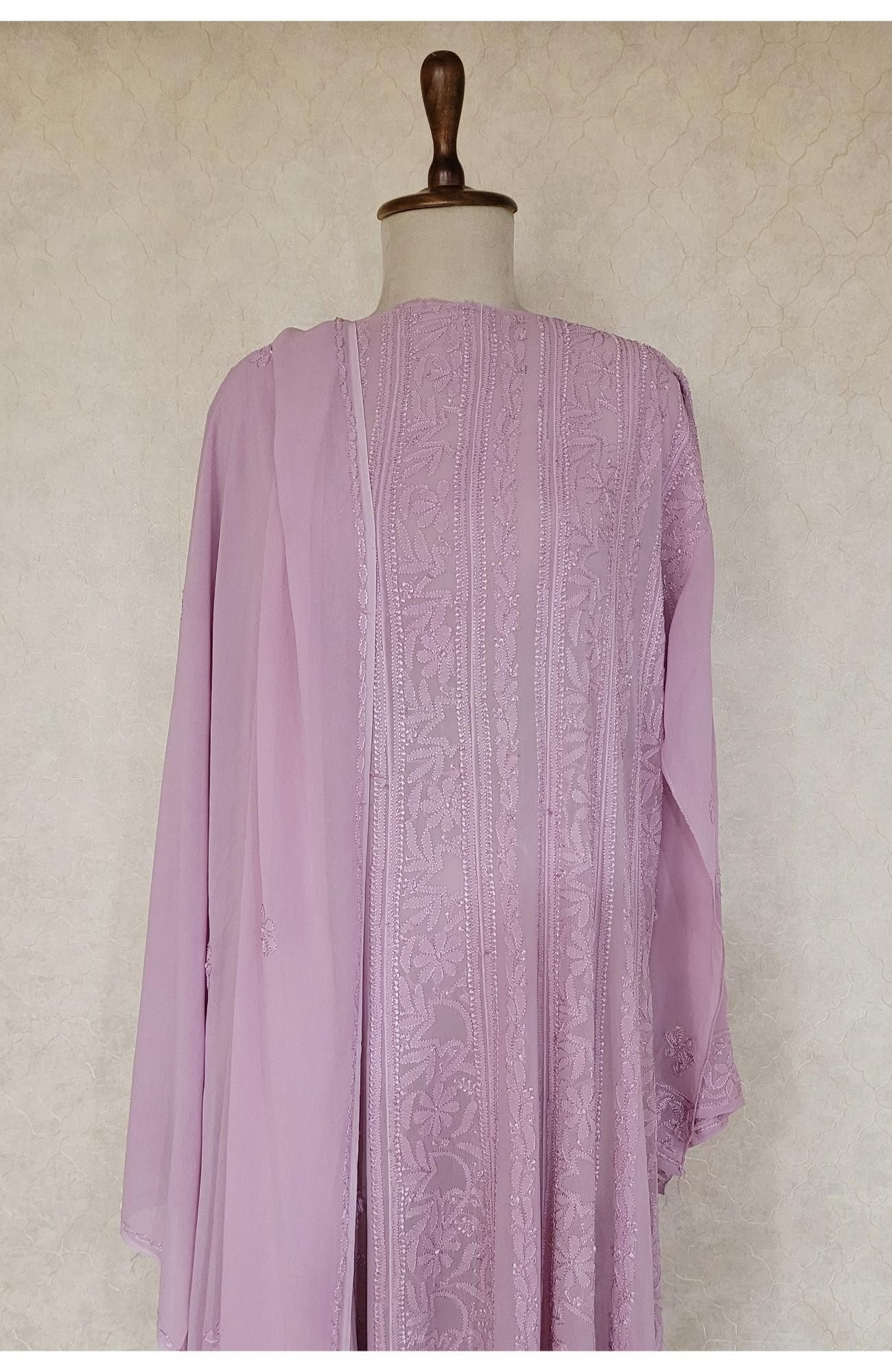 Mauve Pure Georgette Chikankari Anarkali Kurta & Dupatta