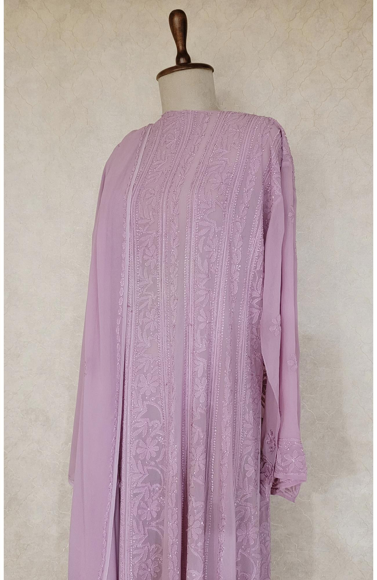 Mauve Pure Georgette Chikankari Anarkali Kurta & Dupatta