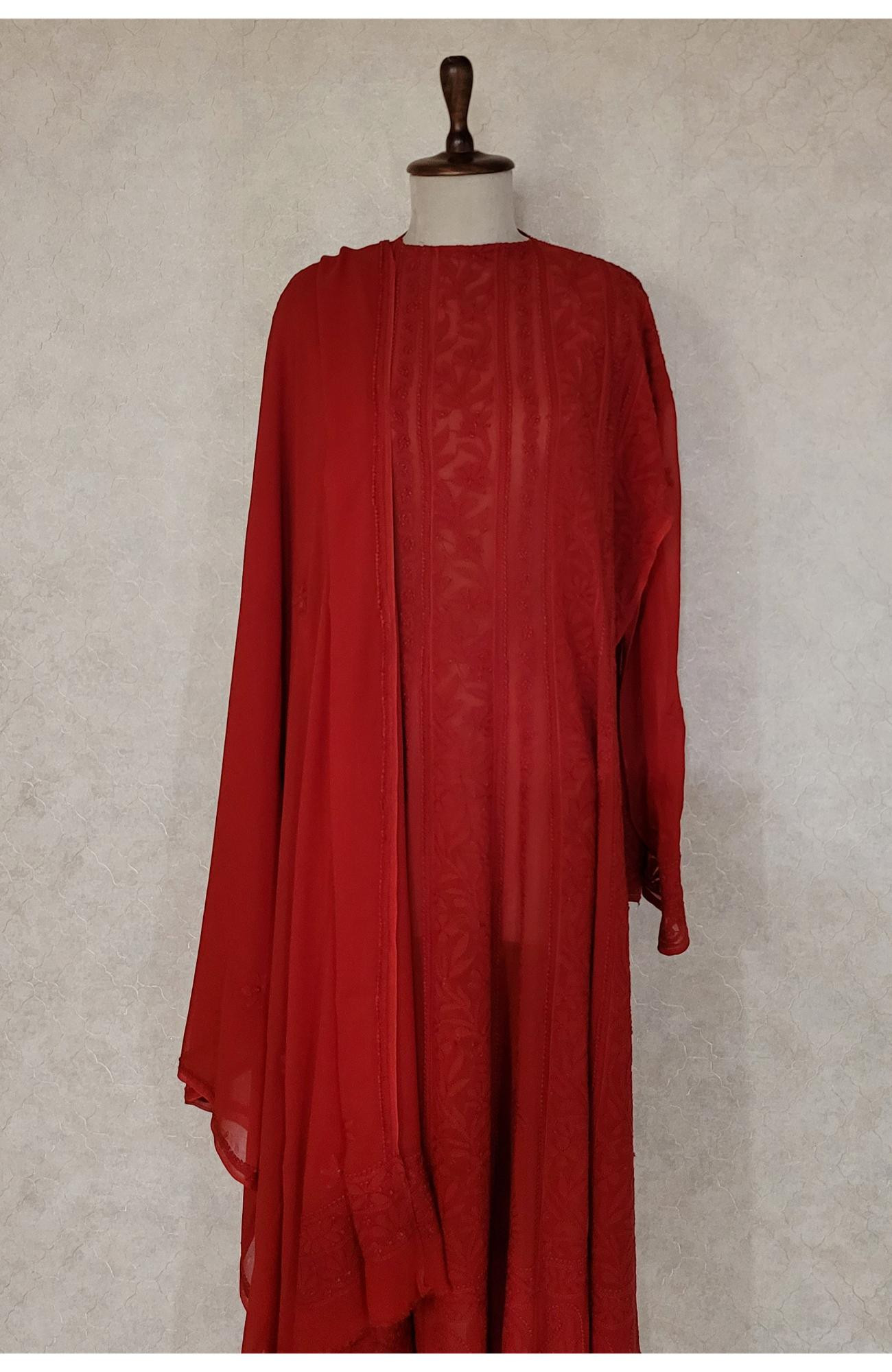 Red Pure Georgette Chikankari Anarkali Kurta & Dupatta