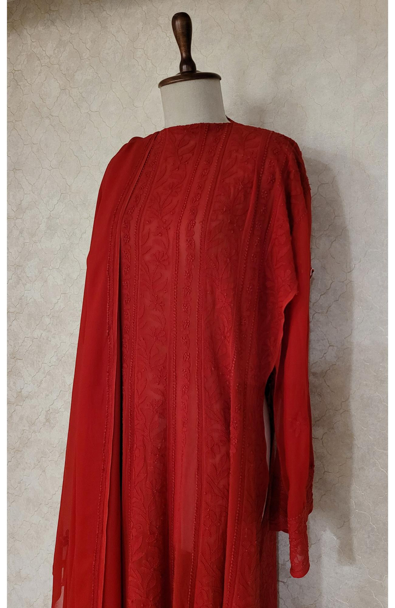 Red Pure Georgette Chikankari Anarkali Kurta & Dupatta