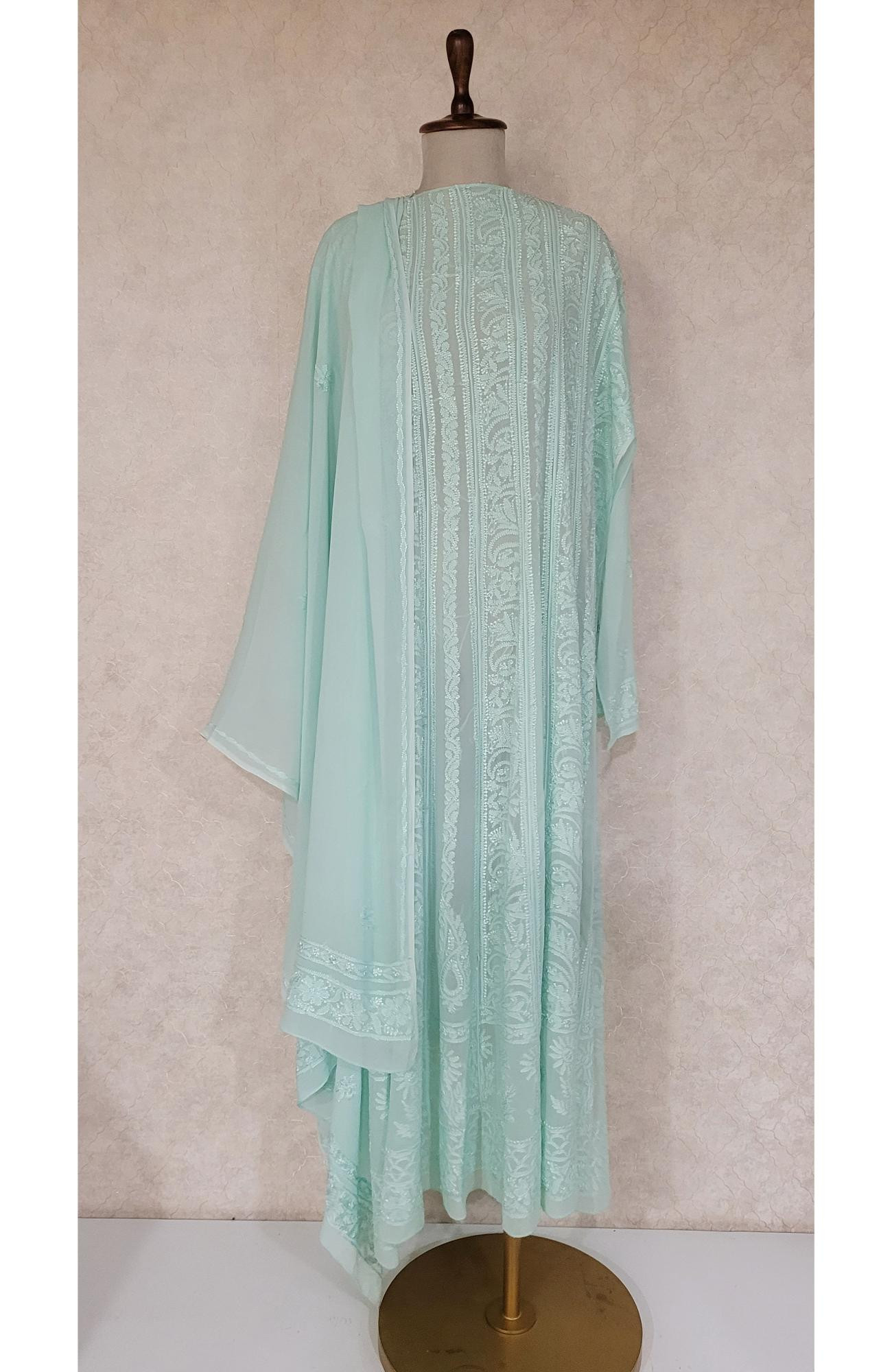 Sea Green Pure Georgette Chikankari Anarkali Kurta & Dupatta
