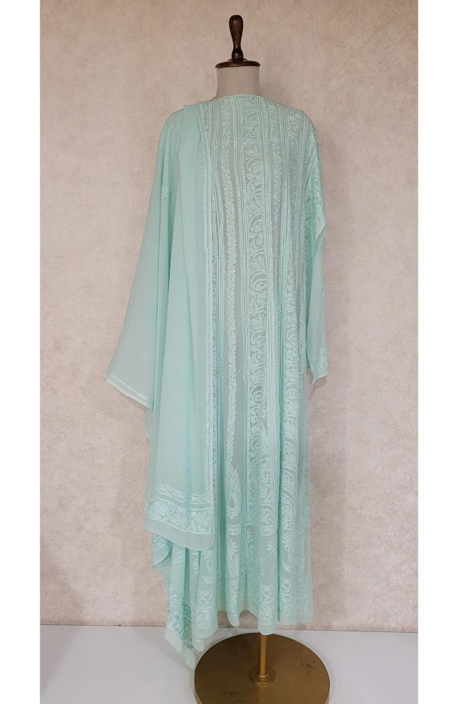 Image of Sea Green Pure Georgette Chikankari Anarkali Kurta &amp; Dupatta