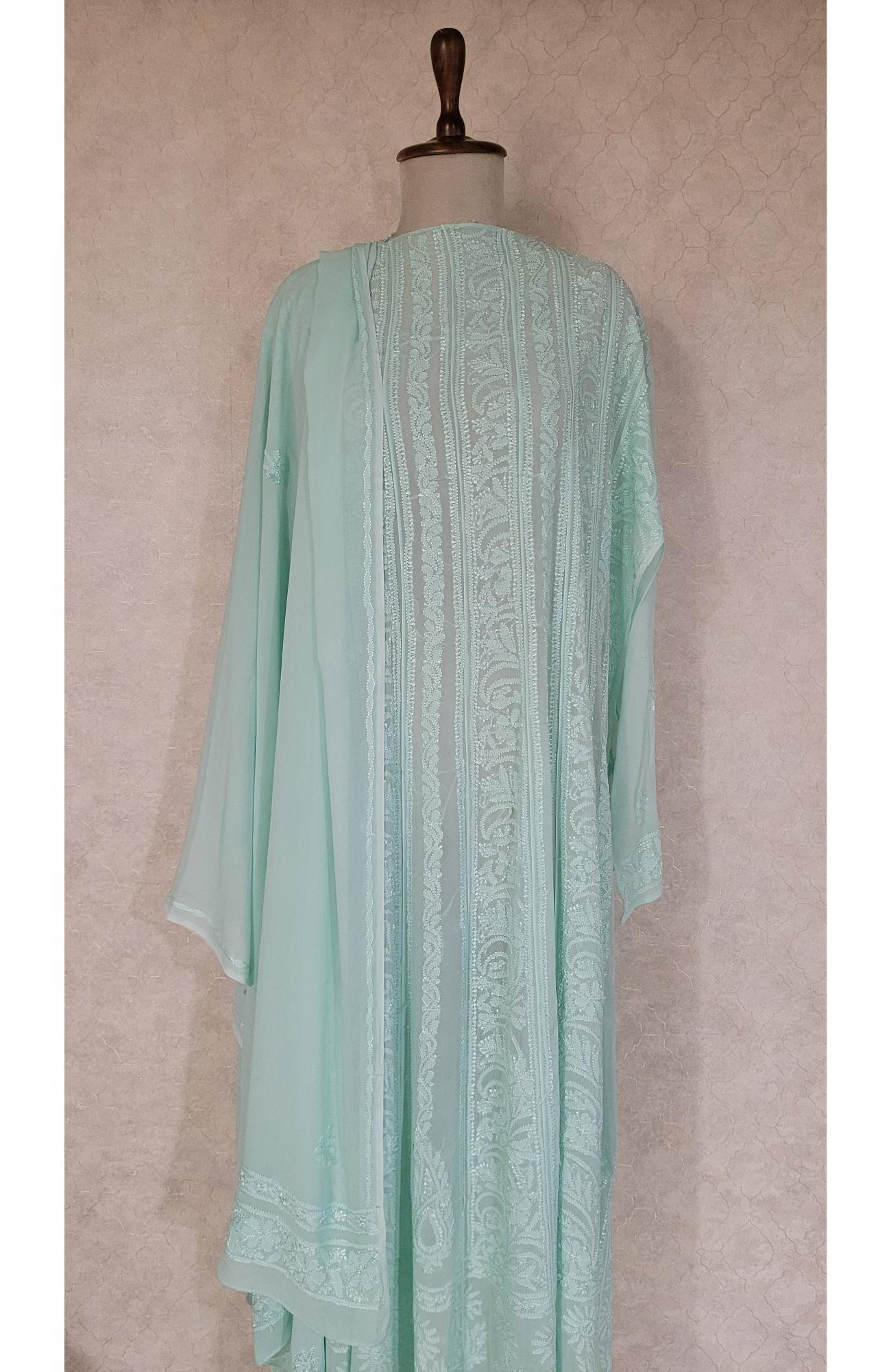 Sea Green Pure Georgette Chikankari Anarkali Kurta & Dupatta