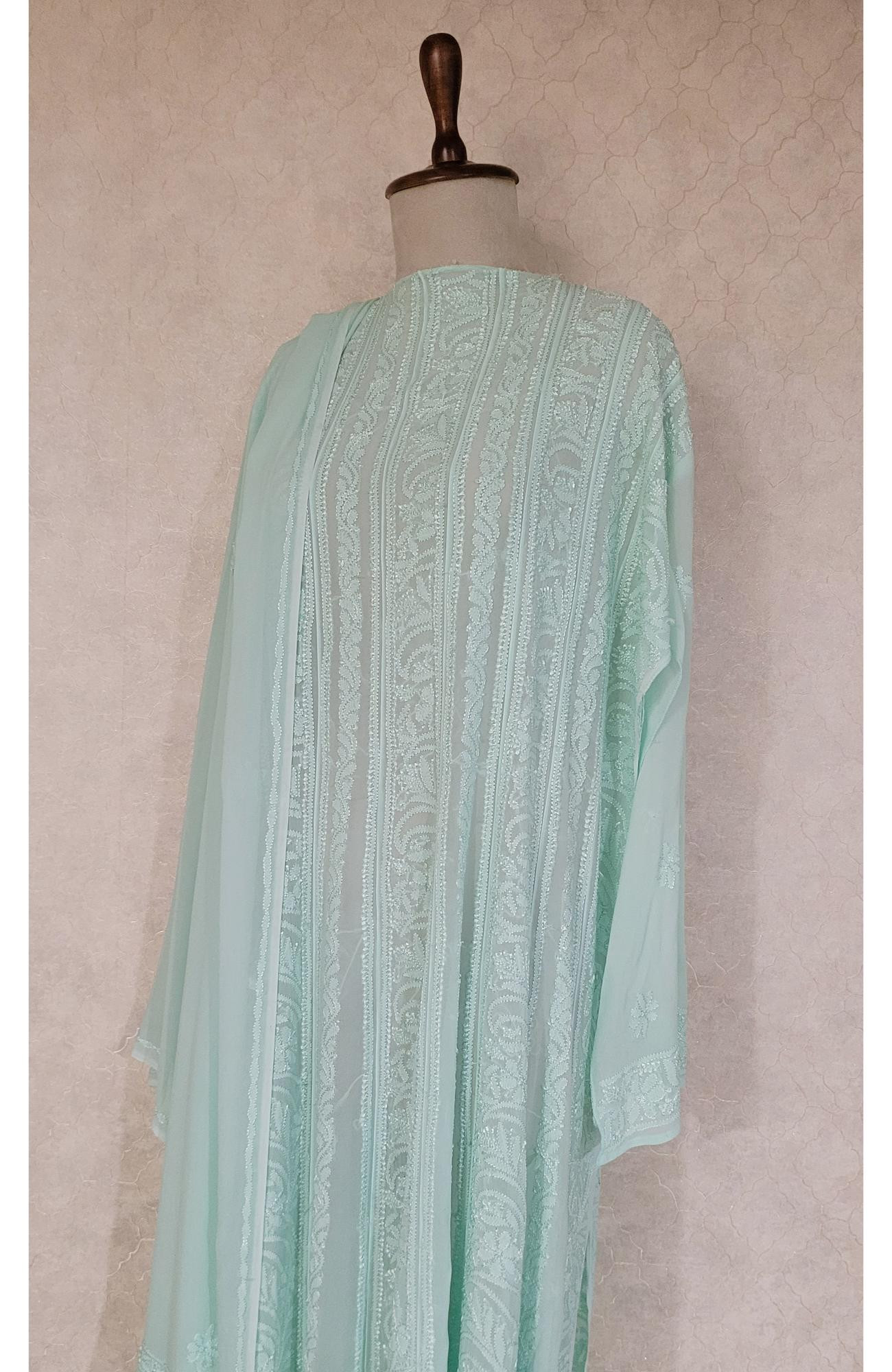 Sea Green Pure Georgette Chikankari Anarkali Kurta & Dupatta