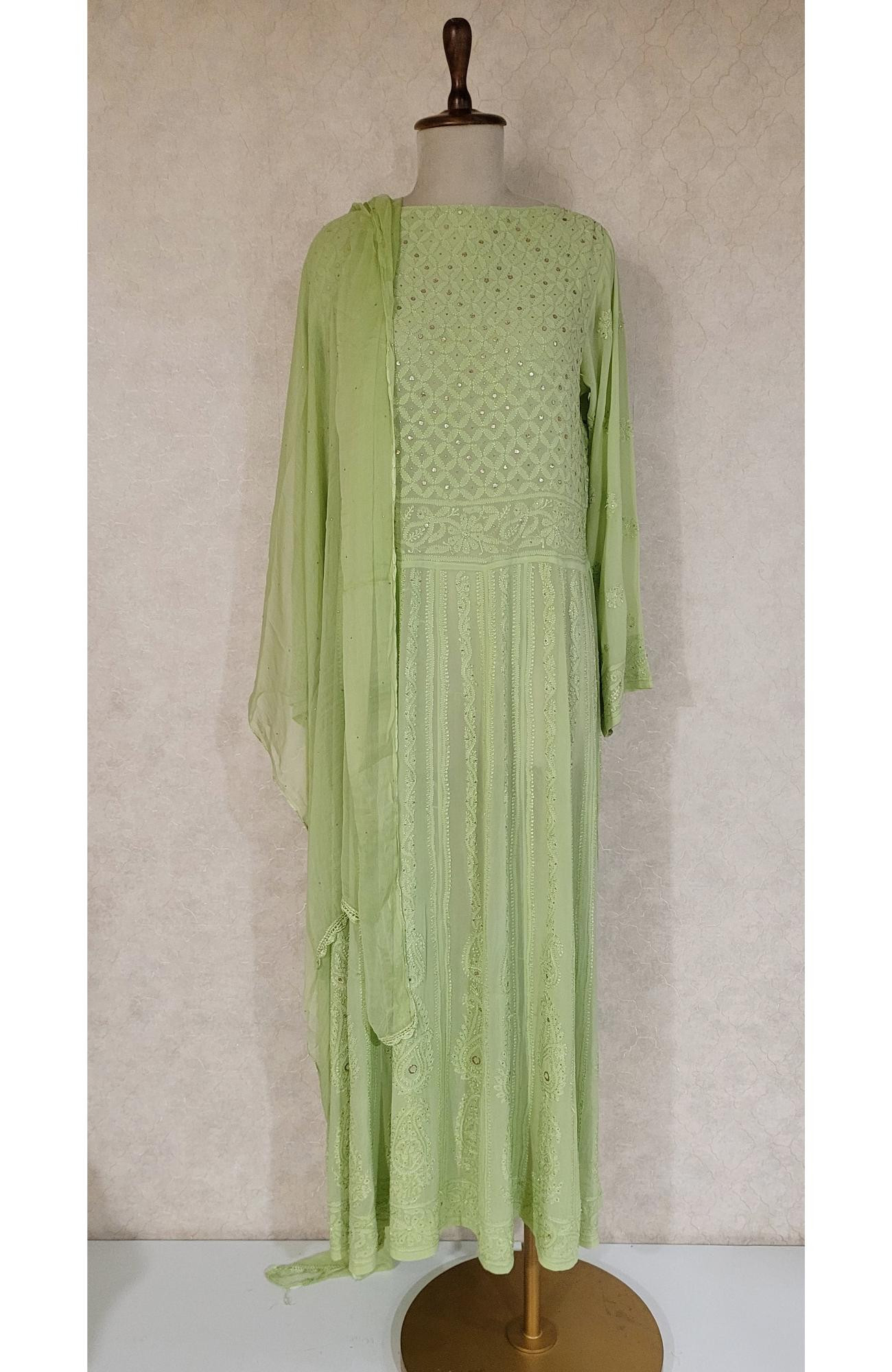 Green Pure Georgette Chikankari Anarkali Kurta & Dupatta