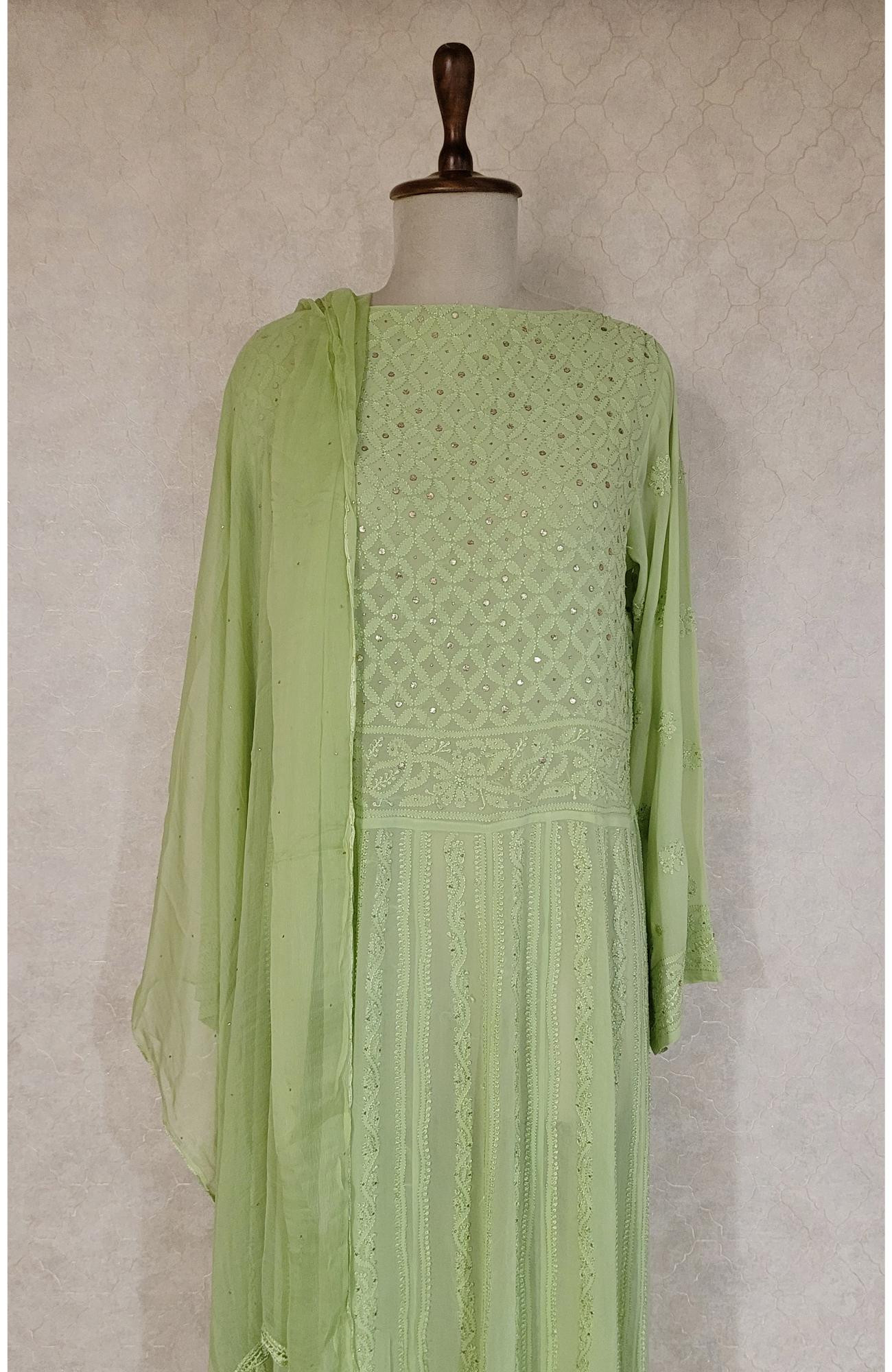 Green Pure Georgette Chikankari Anarkali Kurta & Dupatta