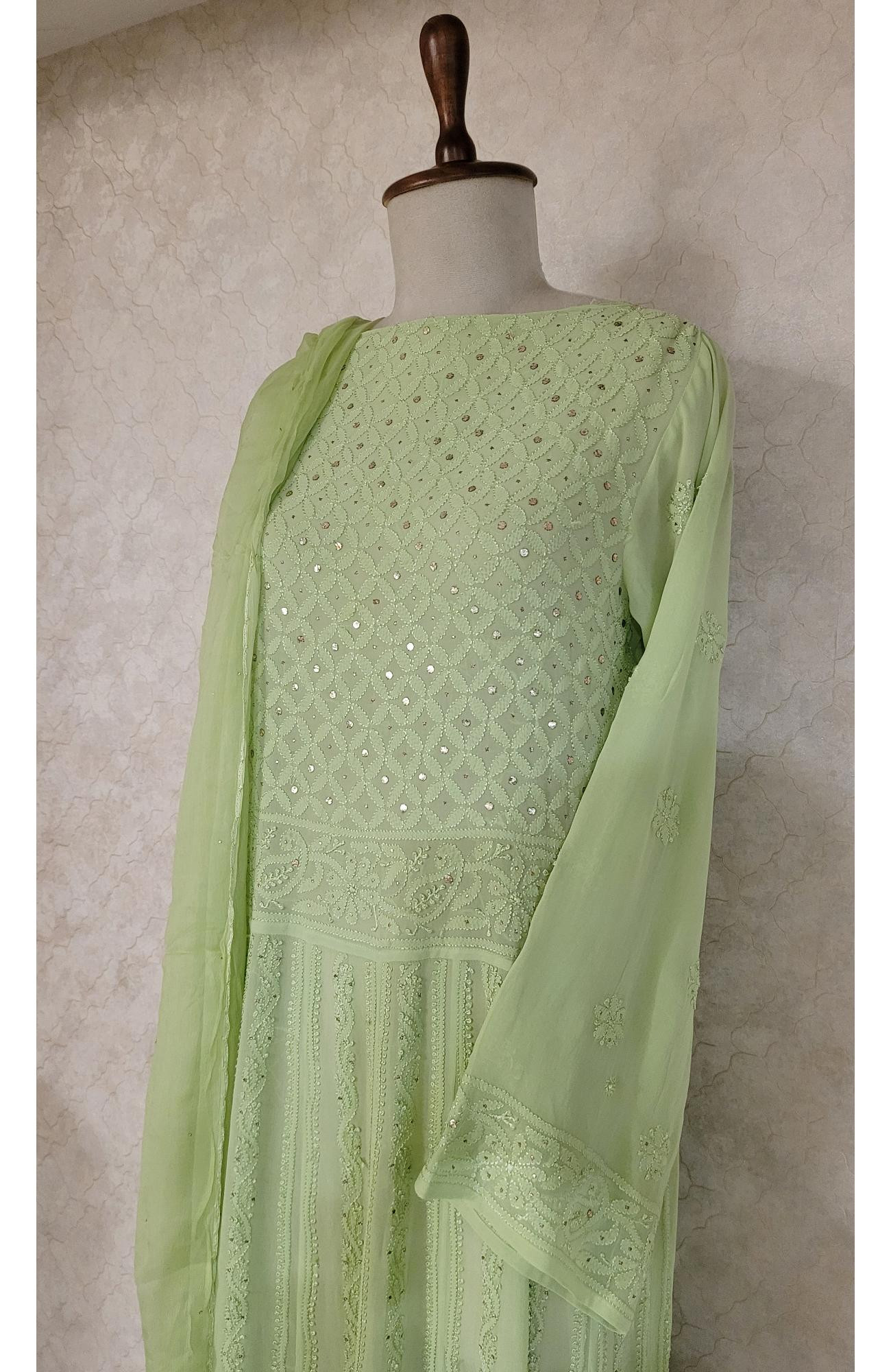 Green Pure Georgette Chikankari Anarkali Kurta & Dupatta