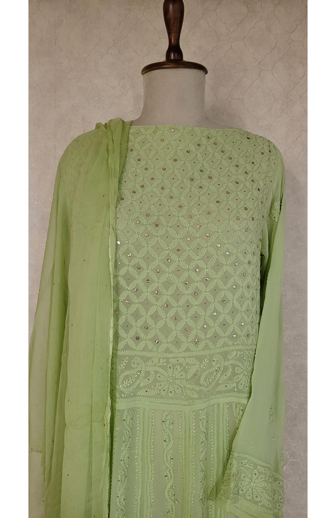 Green Pure Georgette Chikankari Anarkali Kurta & Dupatta