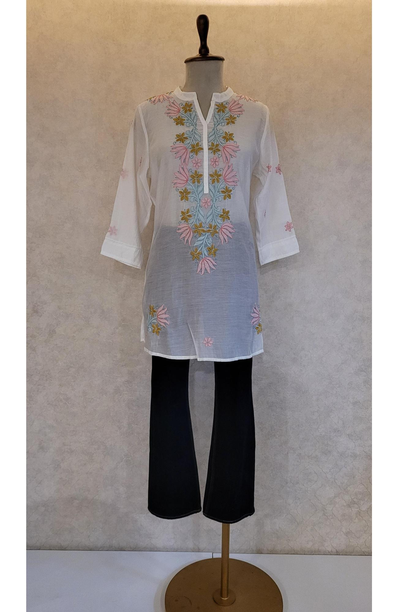 White Mul Chanderi Chikankari Short Top