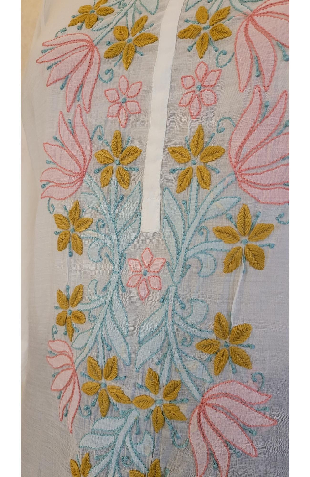 White Mul Chanderi Chikankari Short Top