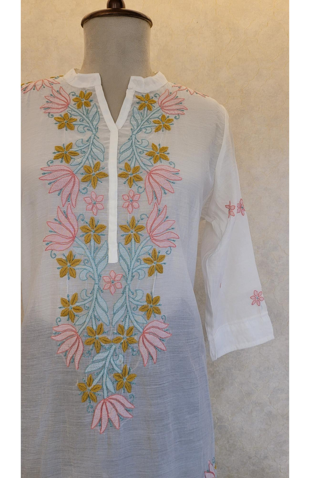 White Mul Chanderi Chikankari Short Top