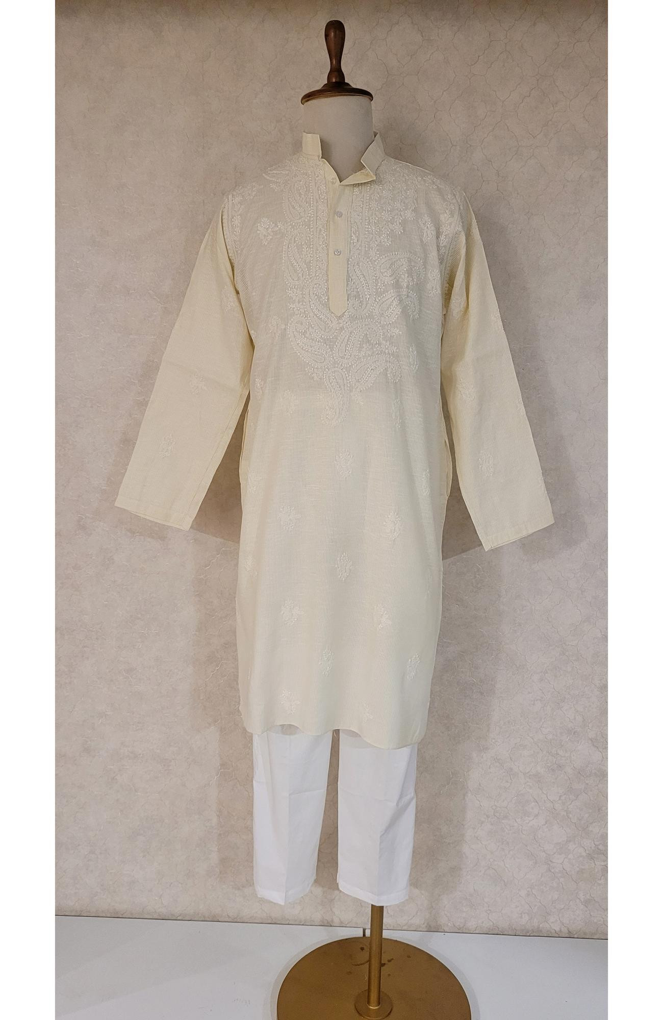 Cream Cotton Linen Chikankari Kurta