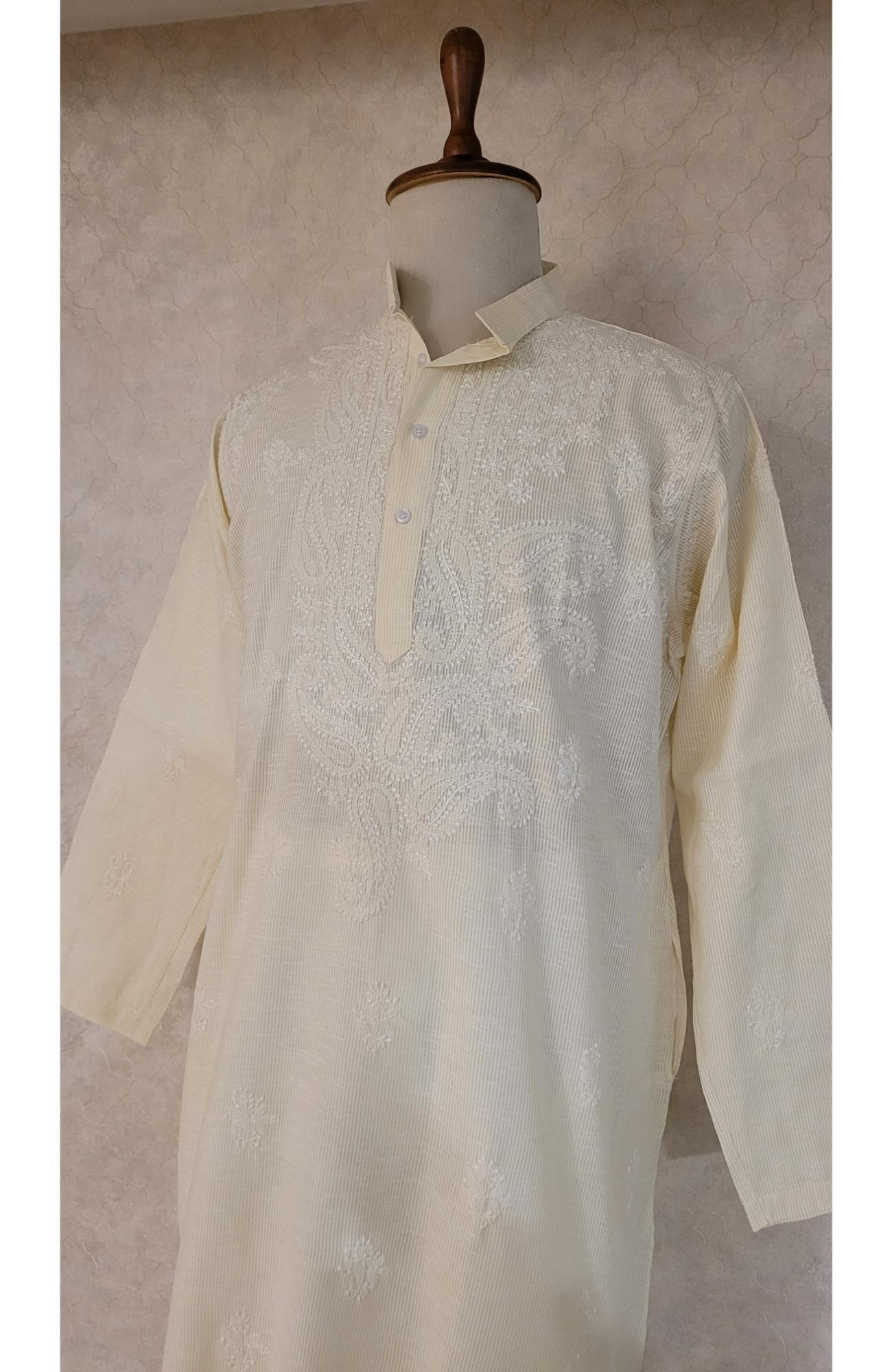Cream Cotton Linen Chikankari Kurta