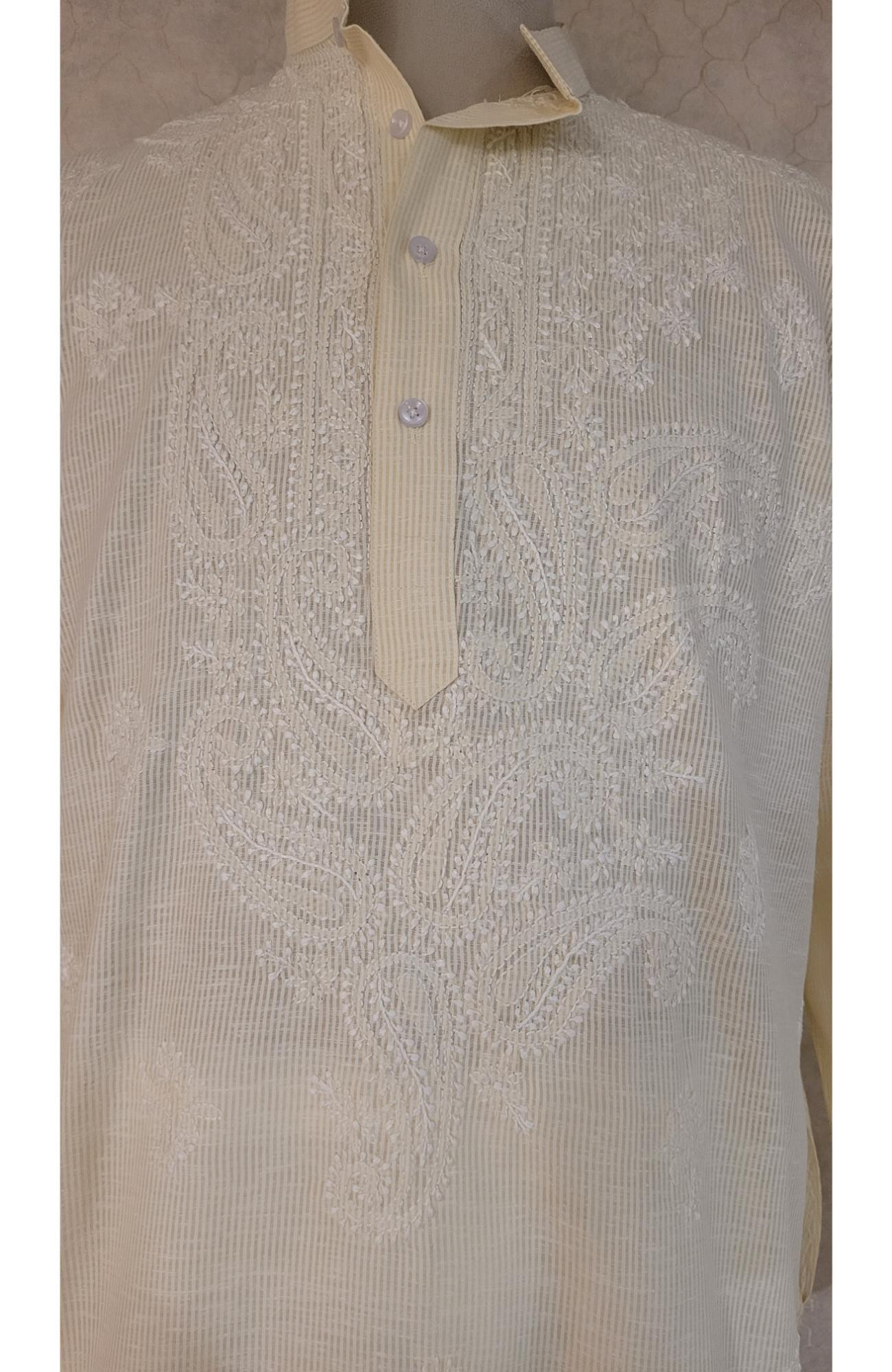 Cream Cotton Linen Chikankari Kurta