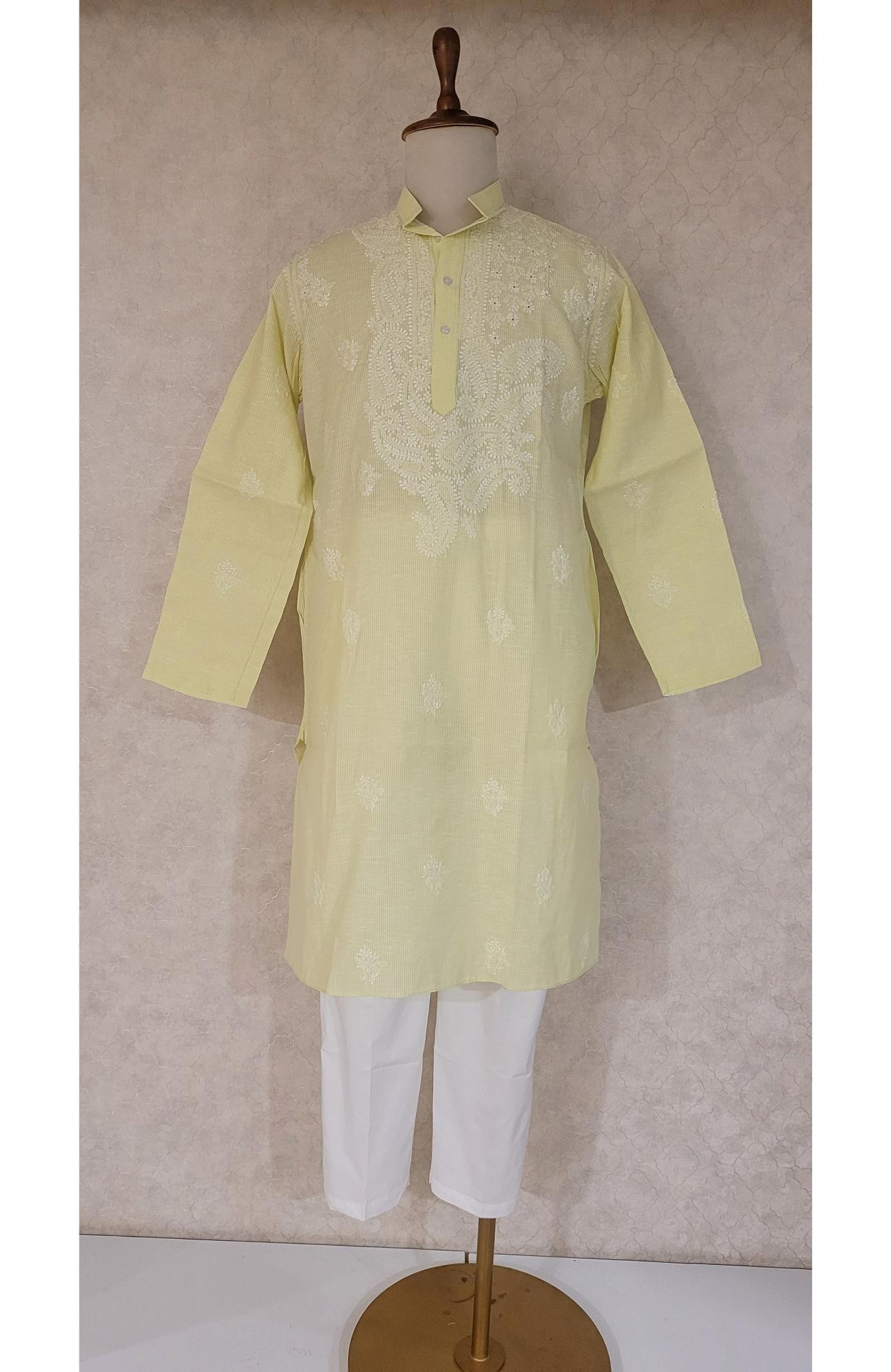 Green Cotton Linen Chikankari Kurta
