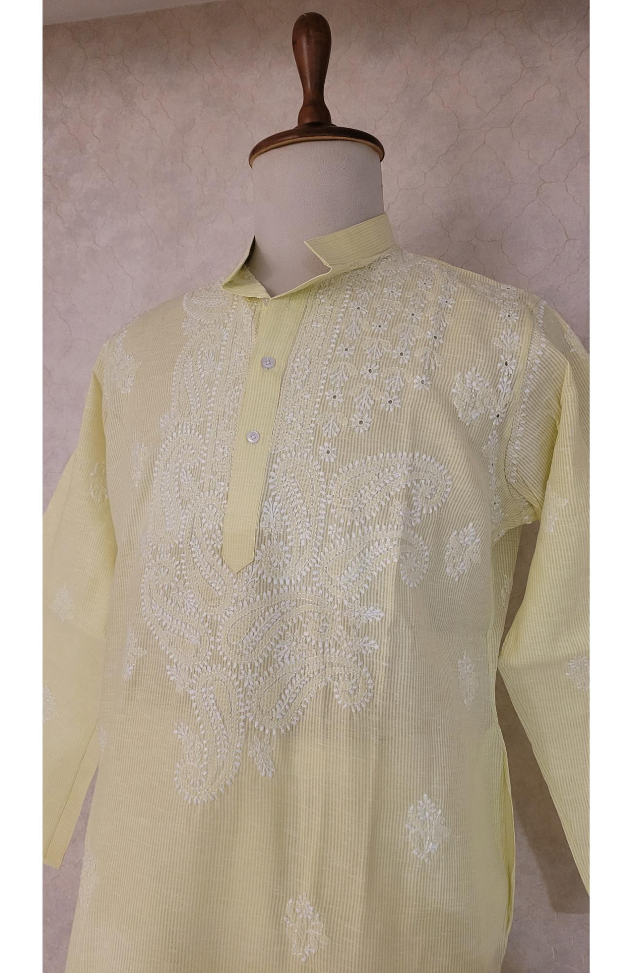 Green Cotton Linen Chikankari Kurta