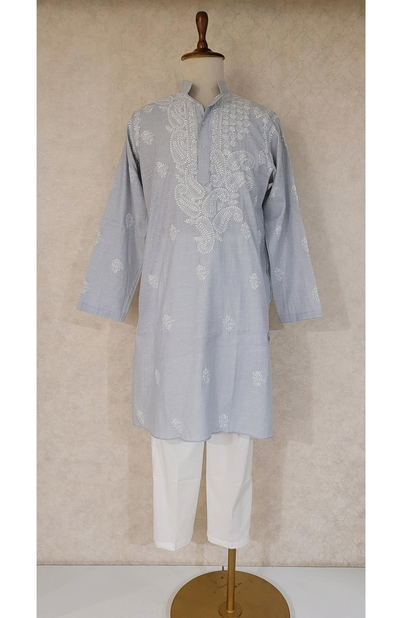 Gray Cotton Linen Chikankari Kurta