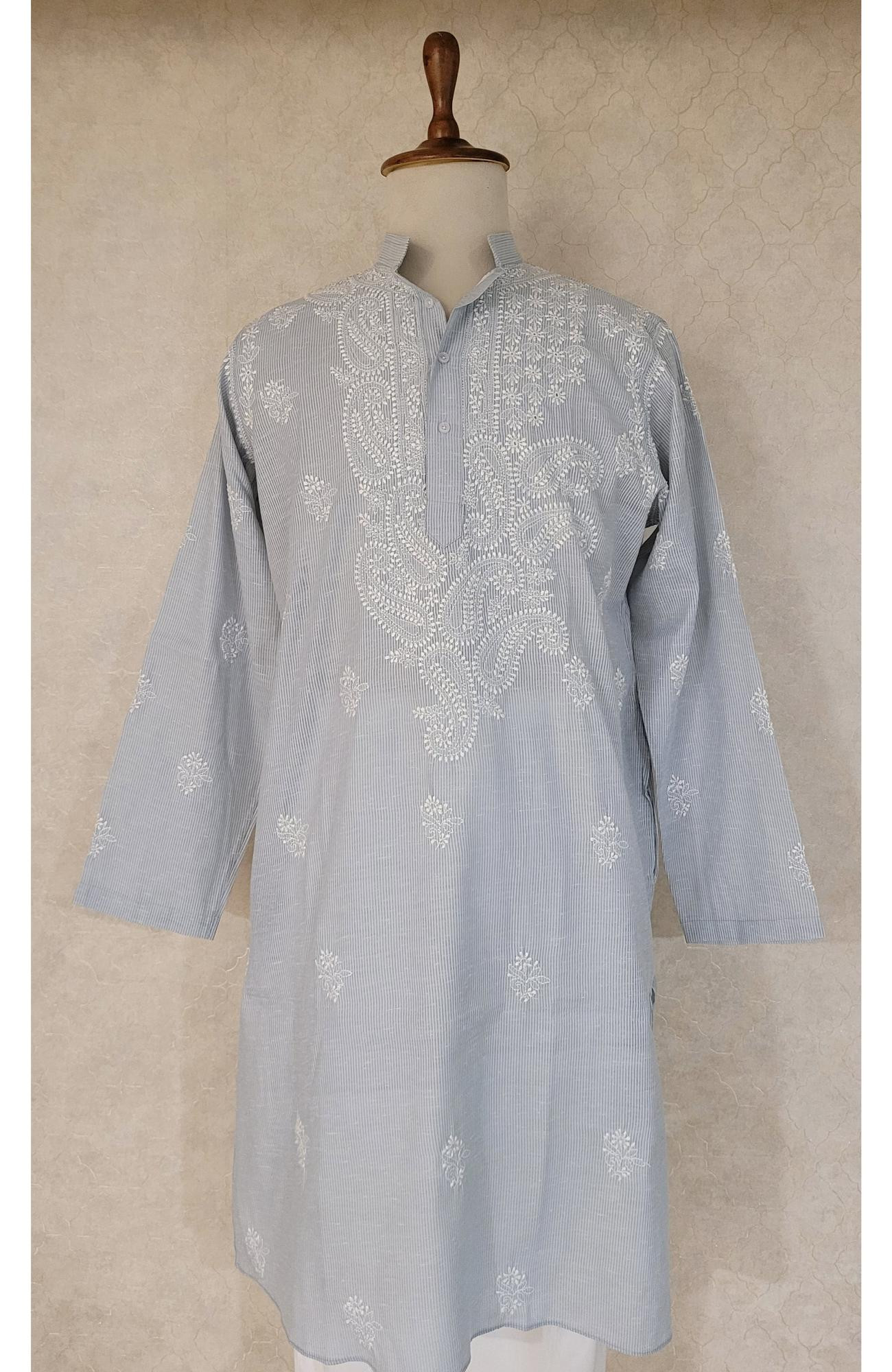 Gray Cotton Linen Chikankari Kurta