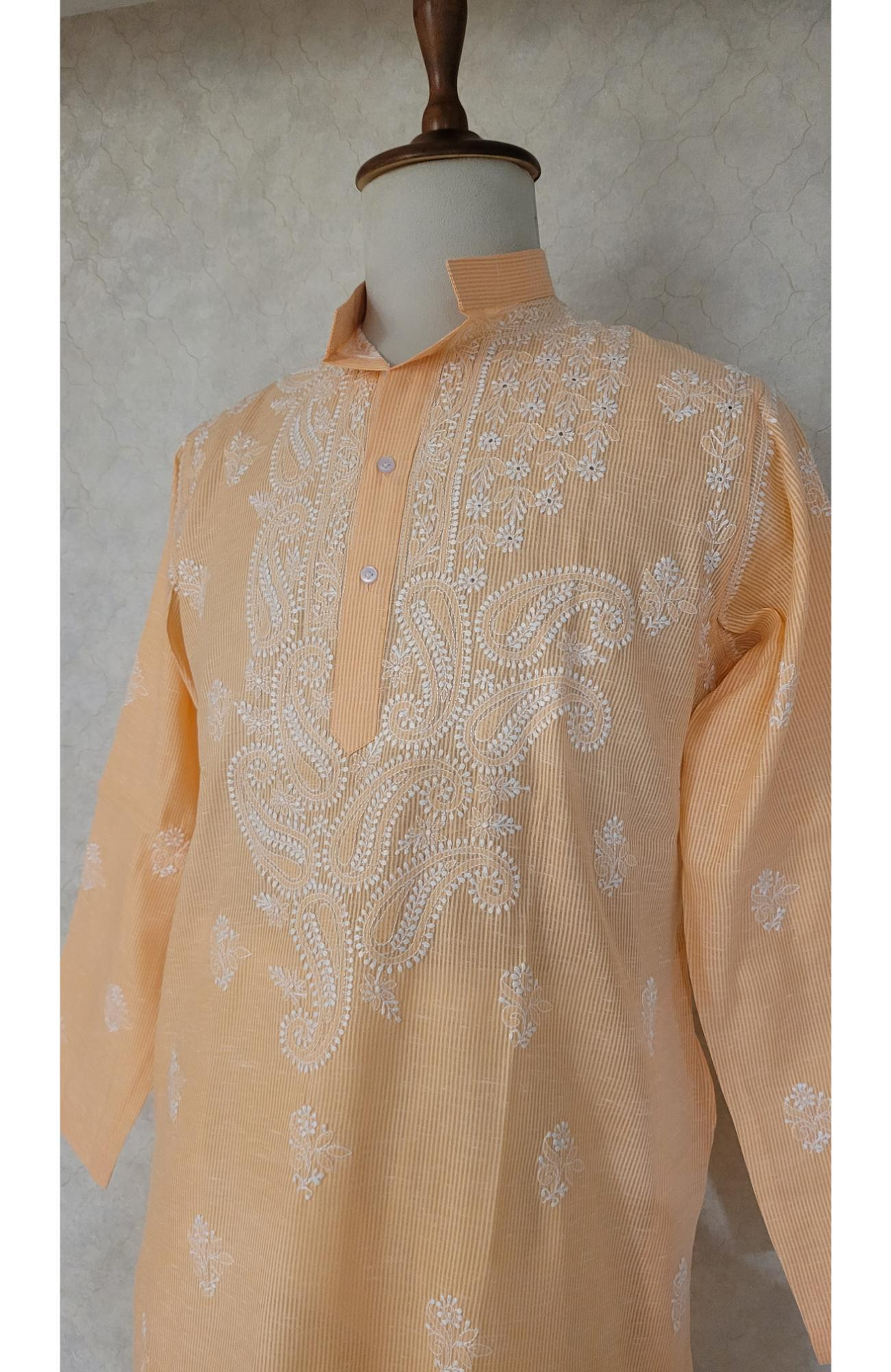Peach Cotton Linen Chikankari Kurta