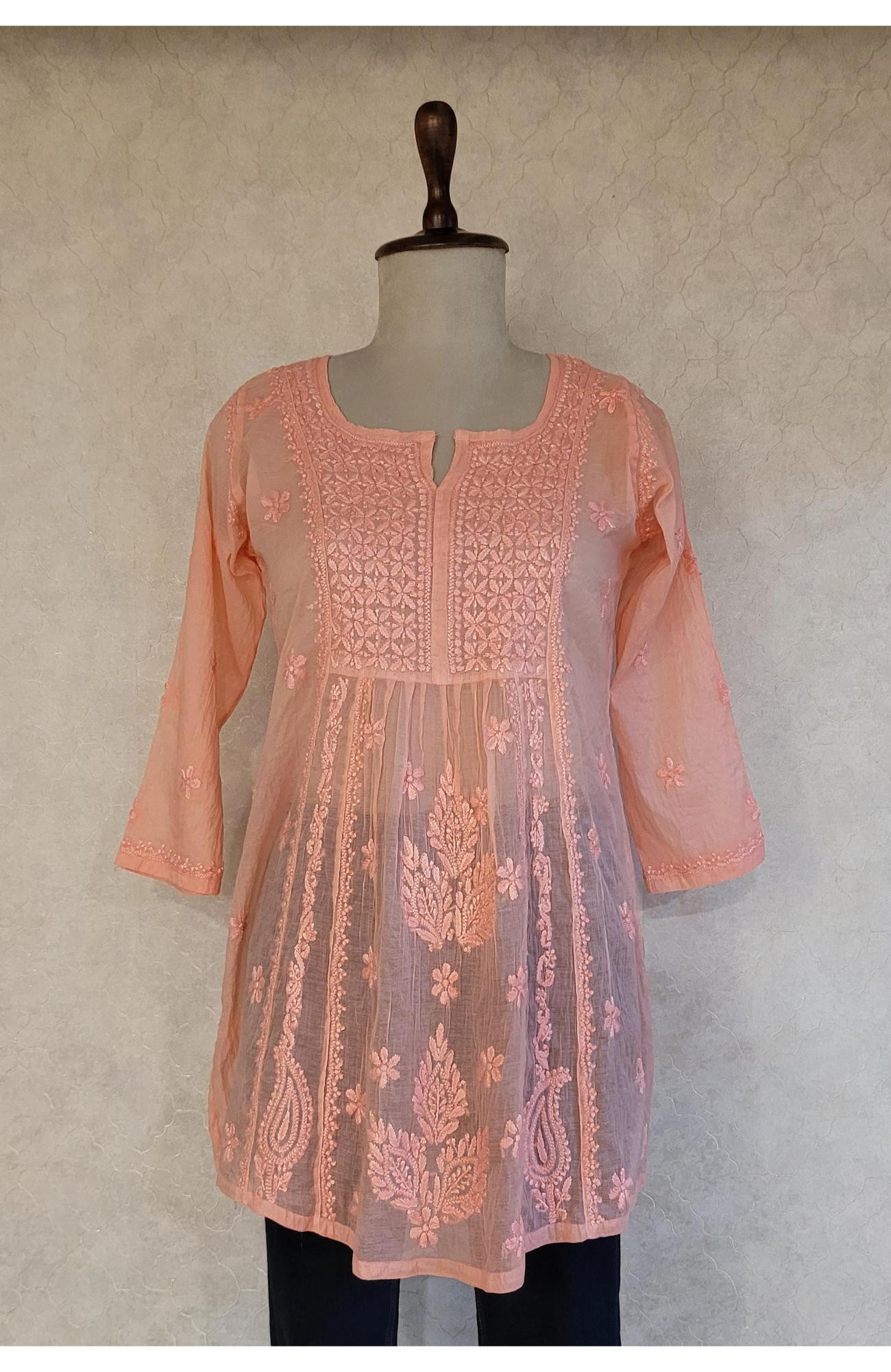 Dark Peach Mul Chanderi Chikankari Short Top